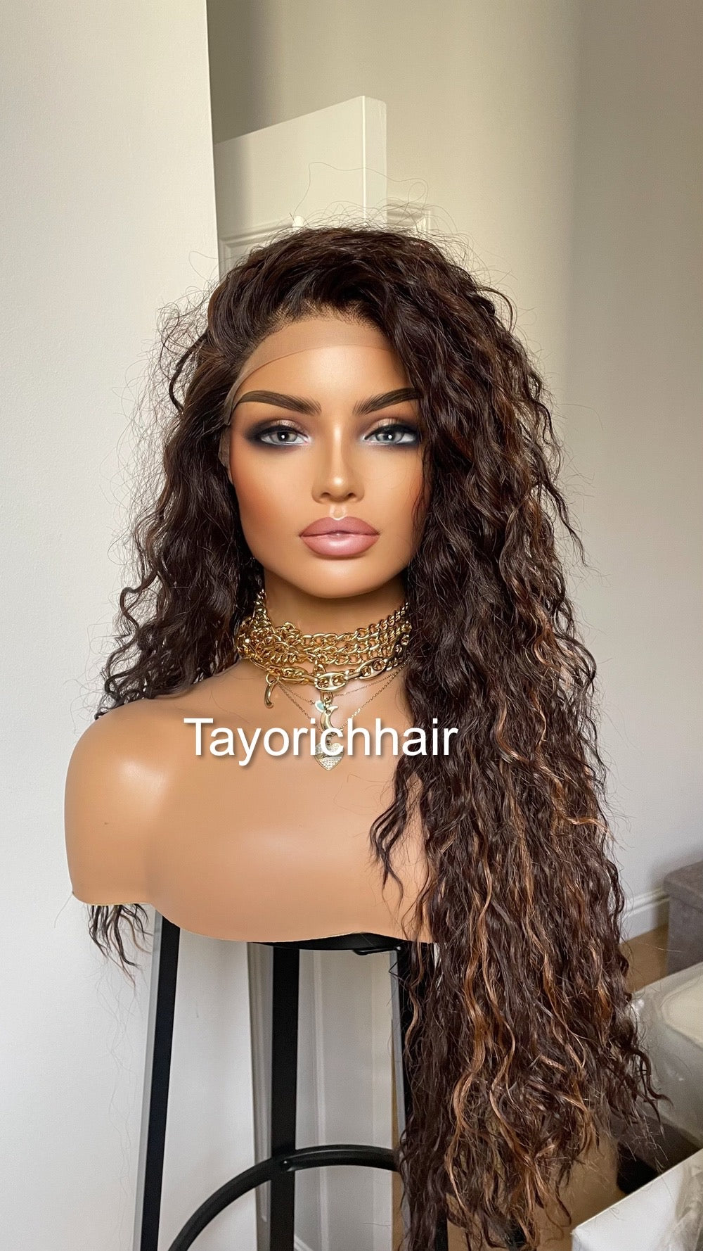 Brunette Dark Brown Curly Synthetic Wig With Highlights
