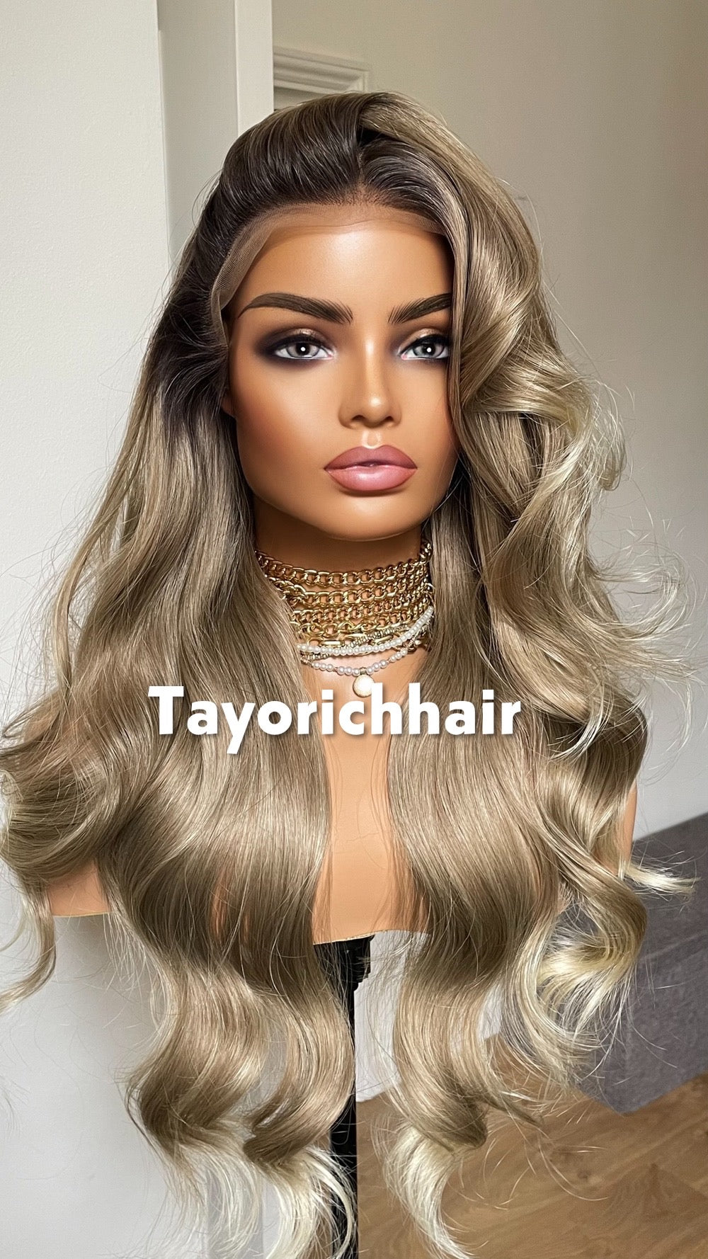 Dark Ash Blonde Synthetic Wig With Dark Roots/24 Inches Wavy Hair Lace Frontal Wig By Tayorichhair.
