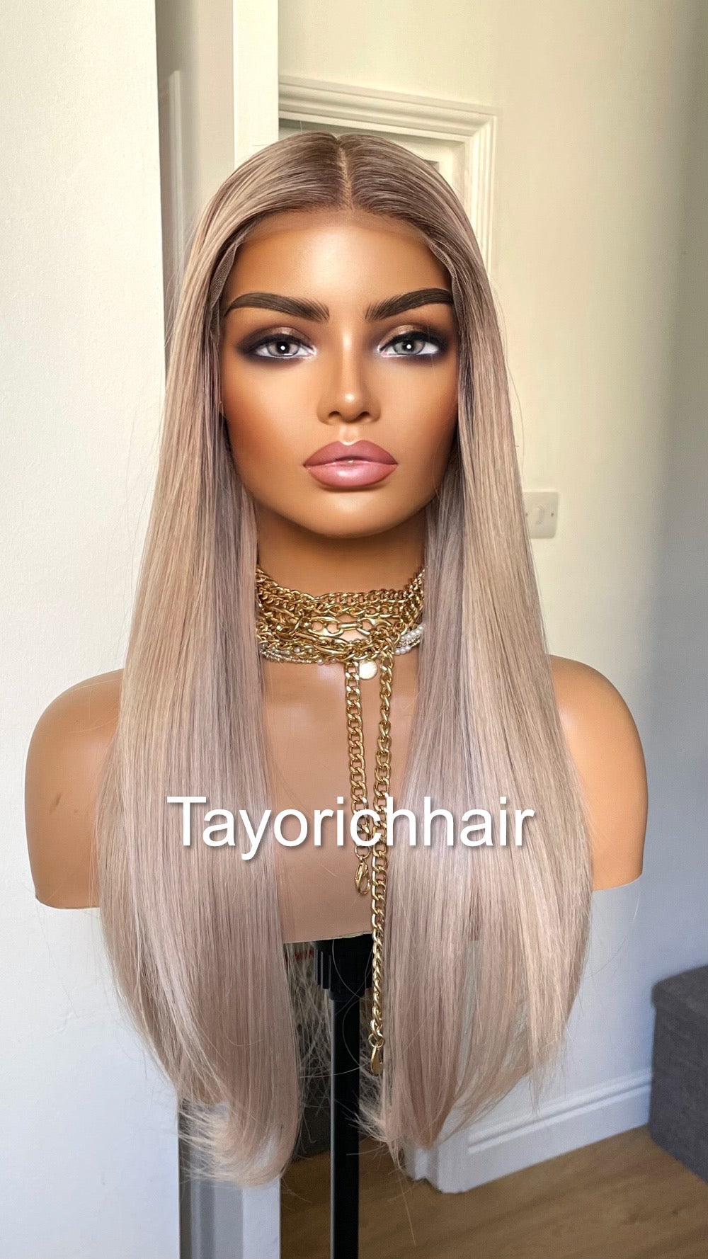 Pearl Blonde Straight Hair Lace Frontal Wig With Dark Roots/ 13 By 6 Lace Wig For Women/ 20 Inches Straight Wig By Tayorichhair