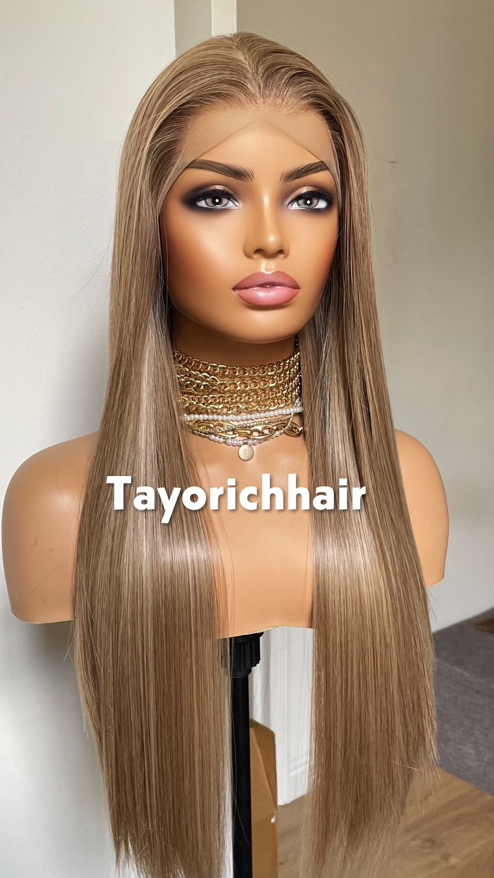 Long Elegant Mixed Dark And Natural Ash Blonde Hair Wig|Straight Blonde Heat Friendly Wig|Free Part Handtied Lace Front Wig|Natural Wigs