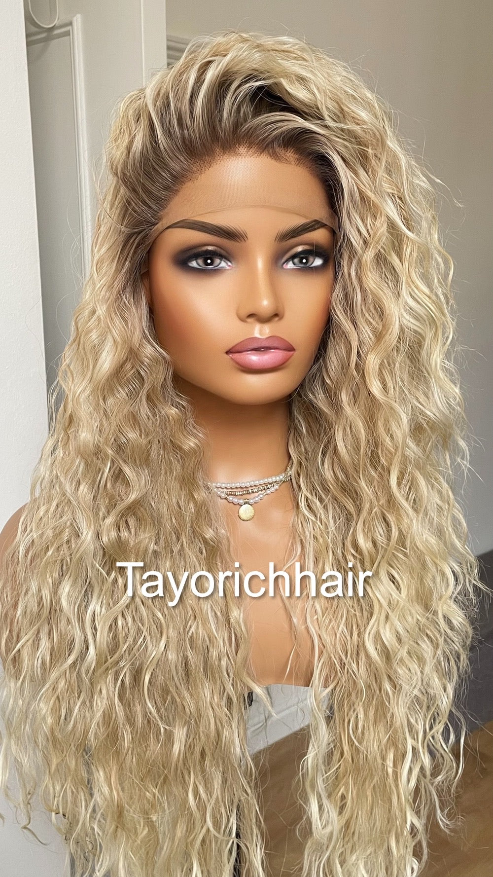 Mixed Blonde Curly Synthetic Lace Frontal Wig With Dark Roots/Lightweight Wig/Small Cap Size Long Curly Hair Wigs For Women By Tayorichhair