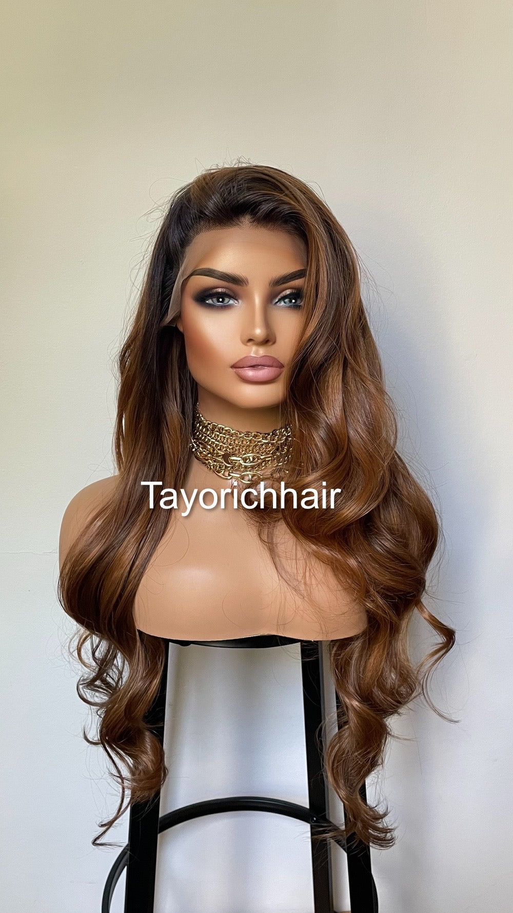 Golden Caramel Blonde Highlights Wig With Black Roots/ Soft Bouncy Wavy Lush Synthetic Wig With 13x4 Middle Part Ear To Ear Lace Front Wig
