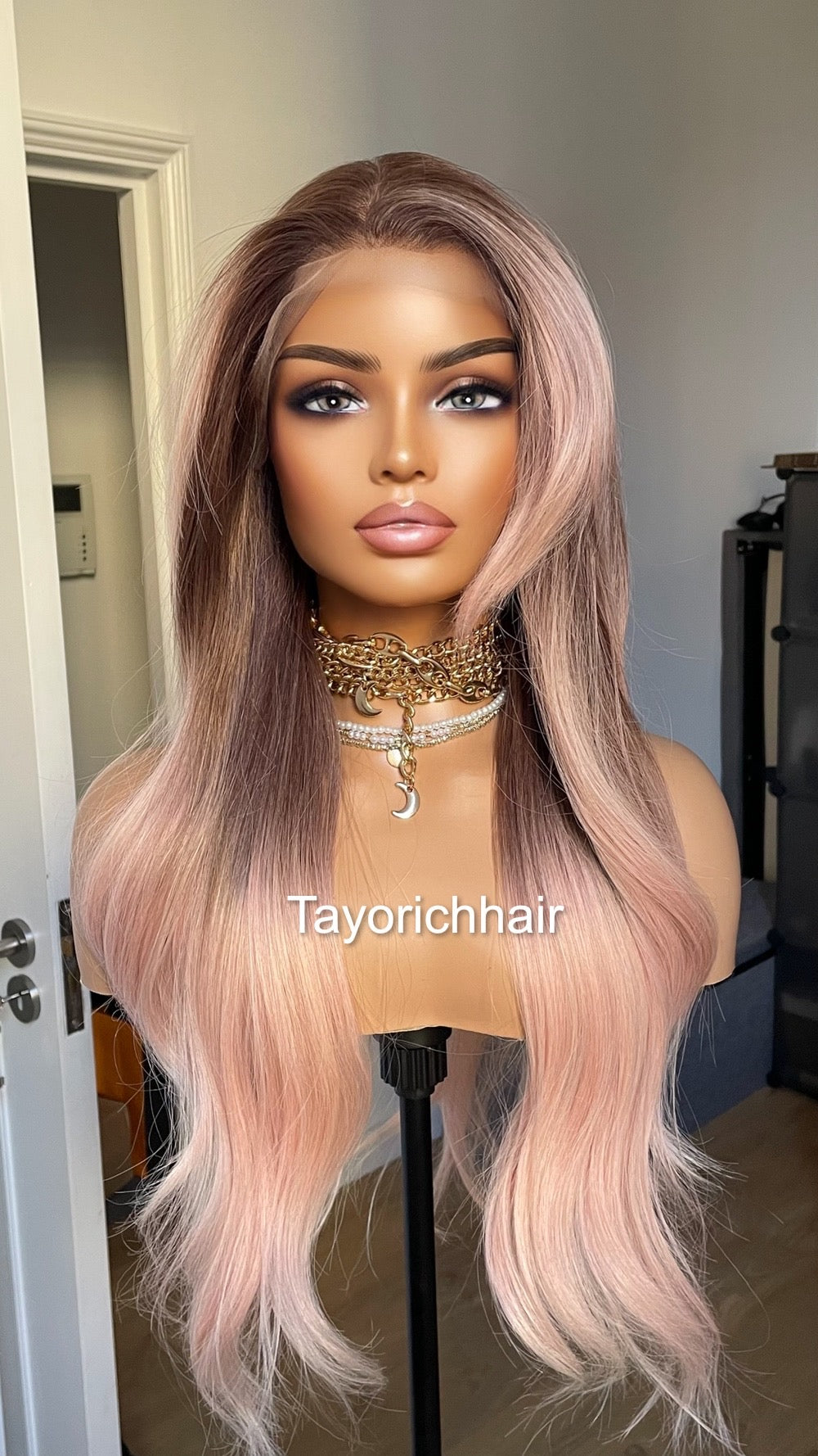 Ombre Baby Pink Lace Frontal Wig With Dark Brown Roots/ 13 by 6 Wide Lace Frontal/Pink Synthetic Wig/ Pink Wavy Hair wig By Tayorichhair