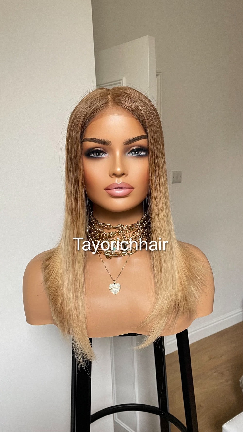 Ombre Warm Blonde Lace Top Human Hair Wig•Europe Hair Wig•16 InchesLuxury Real Hair Wig•Cuticles Aligned Hair With Tiny Knots Straight Hair