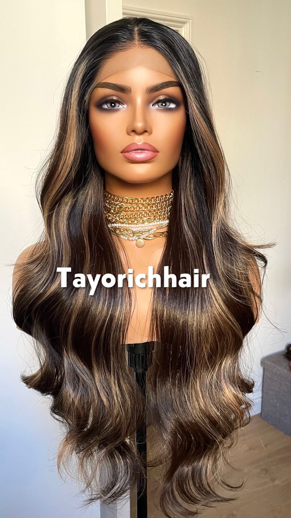 Money Piece Highlights: Dark Brown Wig With Dark Roots, 13by3 Lace Frontal