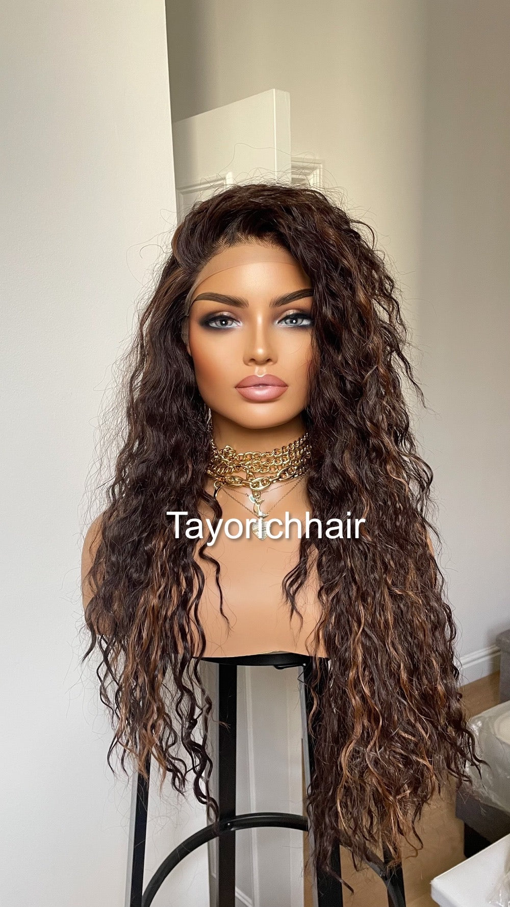Brunette Dark Brown Curly Synthetic Wig With Highlights
