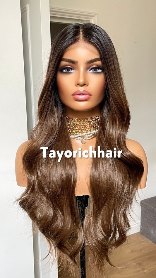 Ash Brown Synthetic Wig; Black Roots.