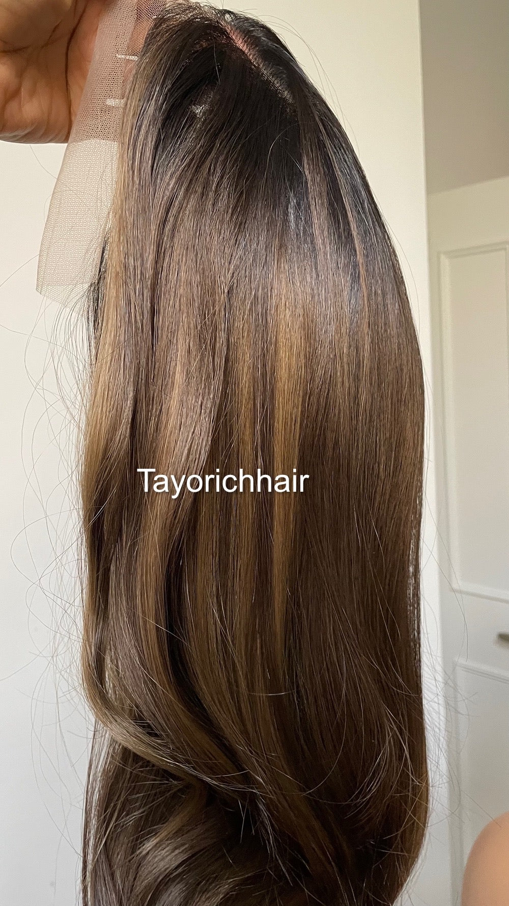 Dark Brown Balayage Synthetic Wig With Highlights / Black Roots Mixed Brown Hair/Wigs For Alopecia Hairloss/Tayorichhair Wigs