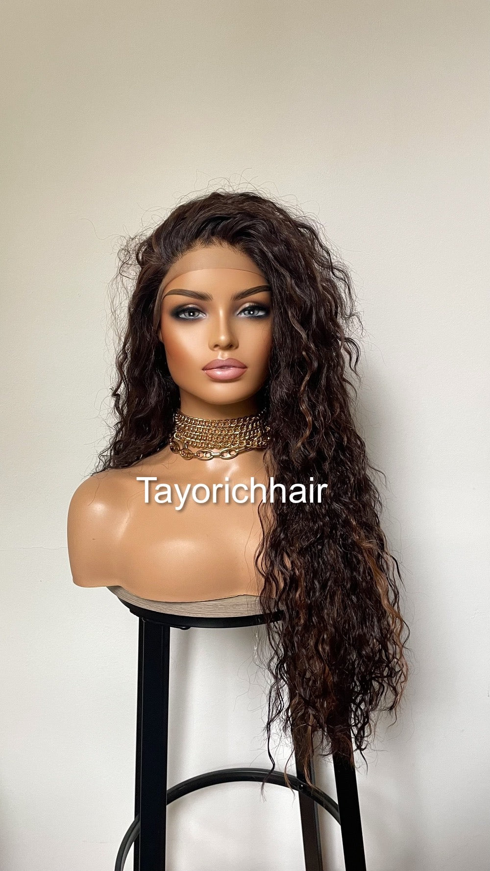Brunette Dark Brown Curly Synthetic Wig With Highlights