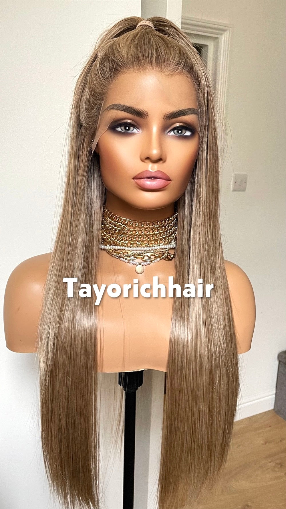 Long Elegant Mixed Dark And Natural Ash Blonde Hair Wig|Straight Blonde Heat Friendly Wig|Free Part Handtied Lace Front Wig|Natural Wigs