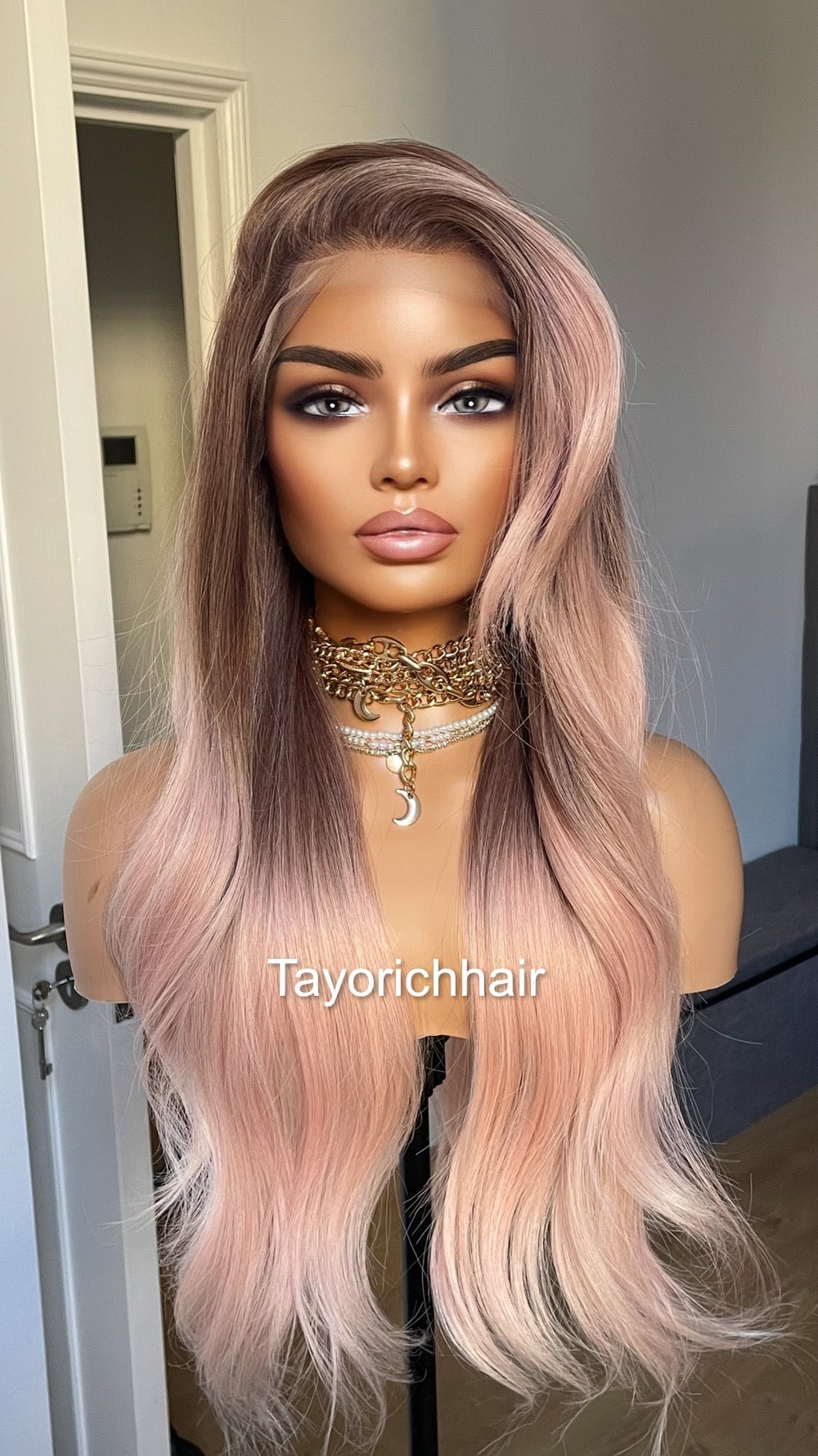 Ombre Baby Pink Lace Frontal Wig With Dark Brown Roots/ 13 by 6 Wide Lace Frontal/Pink Synthetic Wig/ Pink Wavy Hair wig By Tayorichhair