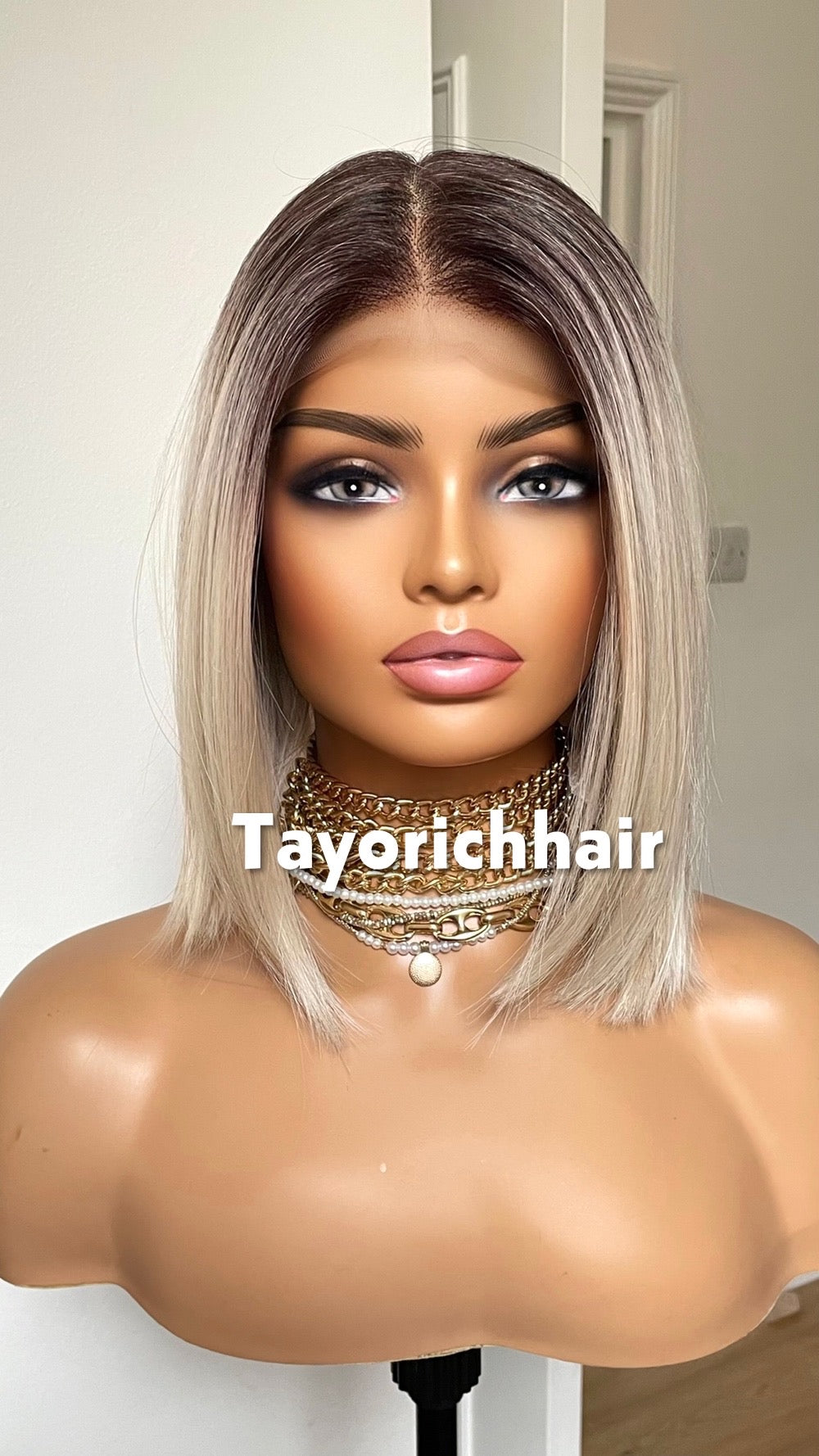 Blonde Bob Synthetic Lace Frontal Wig With Dark Roots