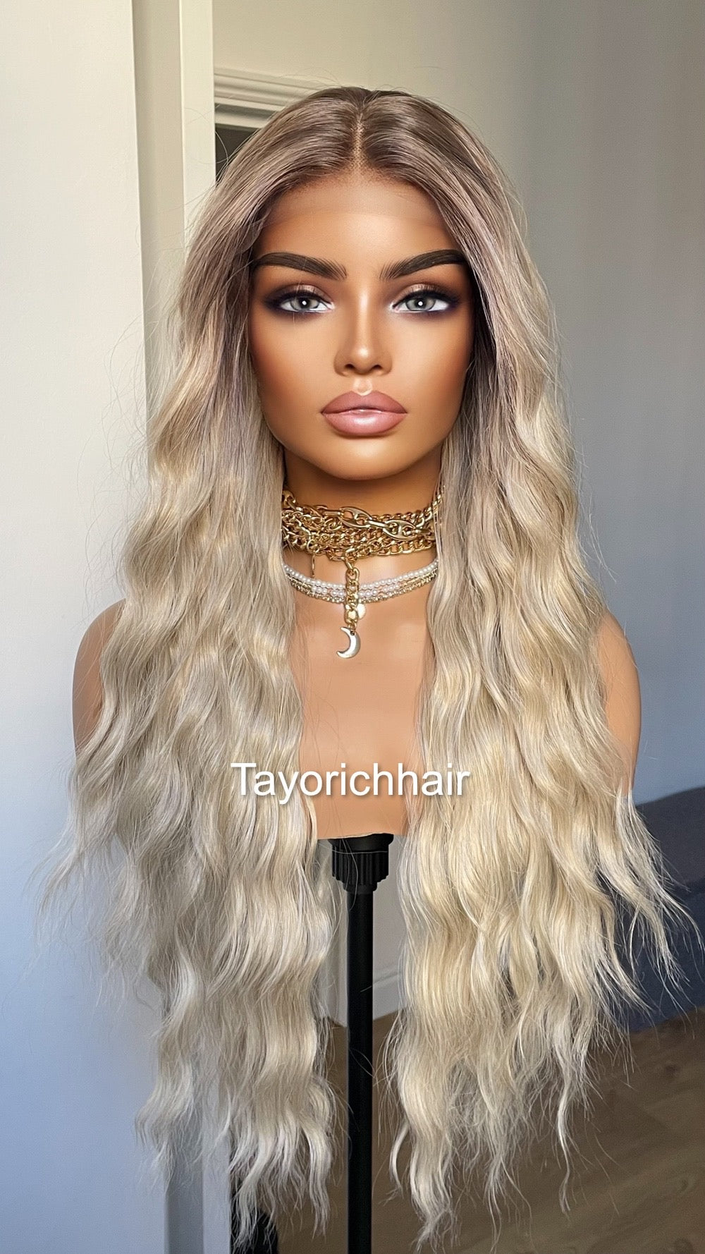 Sun Kissed Platinum Blonde Lace Wig With Dark Roots/13 By 6 Wide Lace Heat Safe Synthetic Wig/Beach Waves Blonde Hair Wig By Tayorichhair