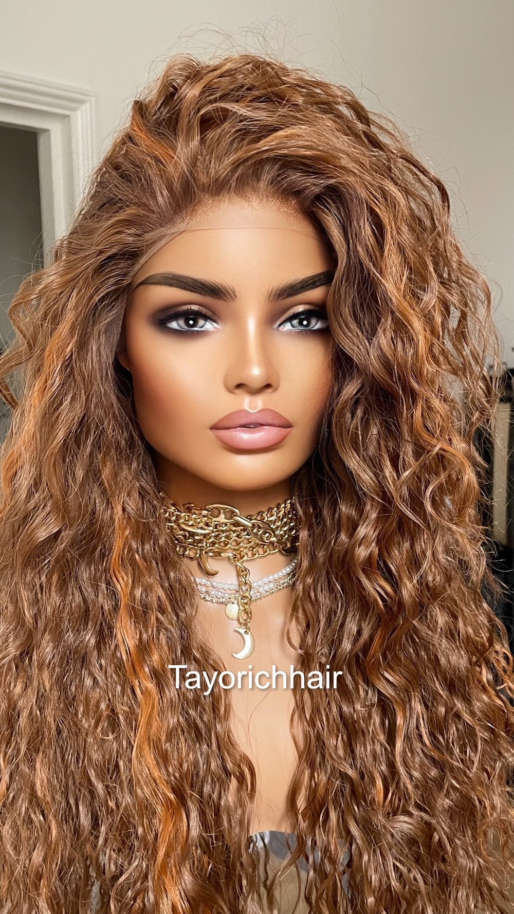 Auburn Red Curly Lace Front Wig With Red Ginger Highlights / Free Part Curly Light Weight Big Hair Wig/ Loose Curly Auburn Reddish Brown Wig