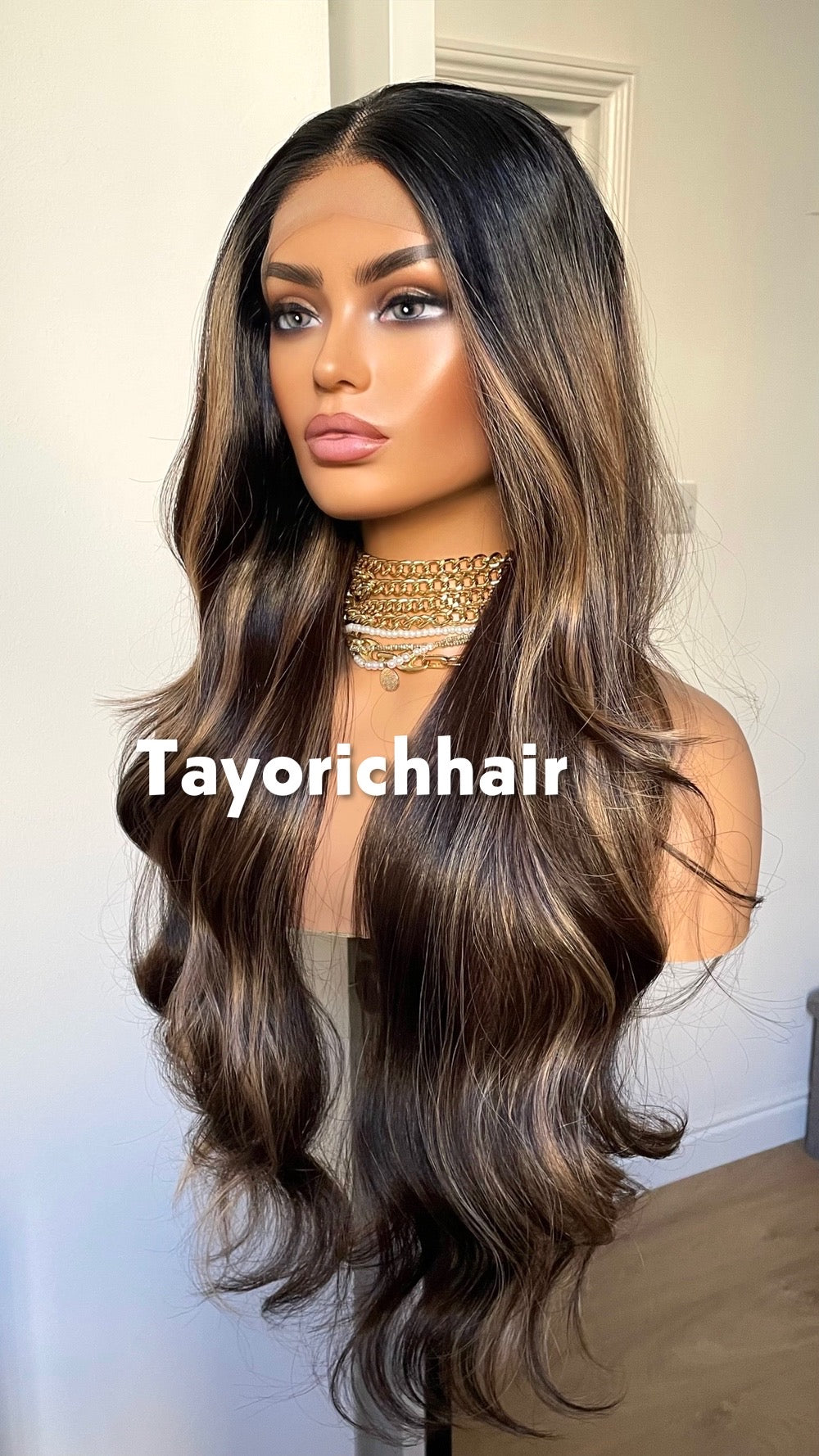 Money Piece Highlights: Dark Brown Wig With Dark Roots, 13by3 Lace Frontal