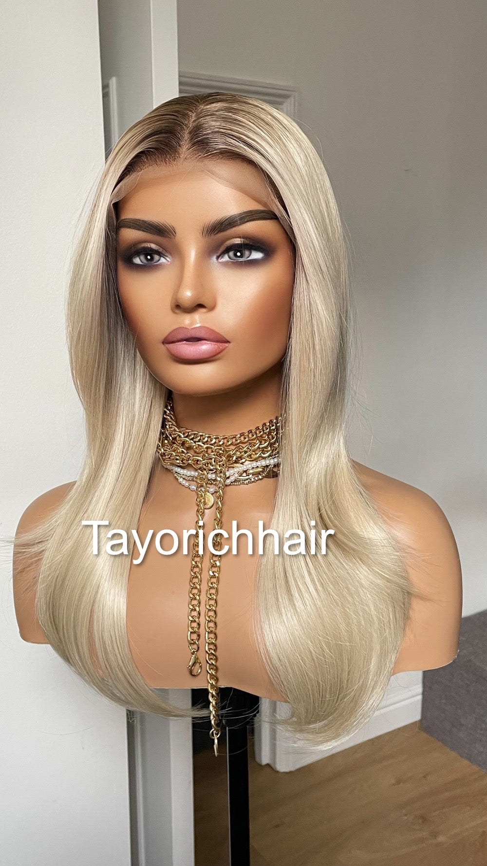 Sunkissed Light Blonde Lace Frontal Wig With Dark Roots/18 Inches Rooted Blonde Wig By Tayorichhair/Straight Blonde Wig With 13 By 4 Lace
