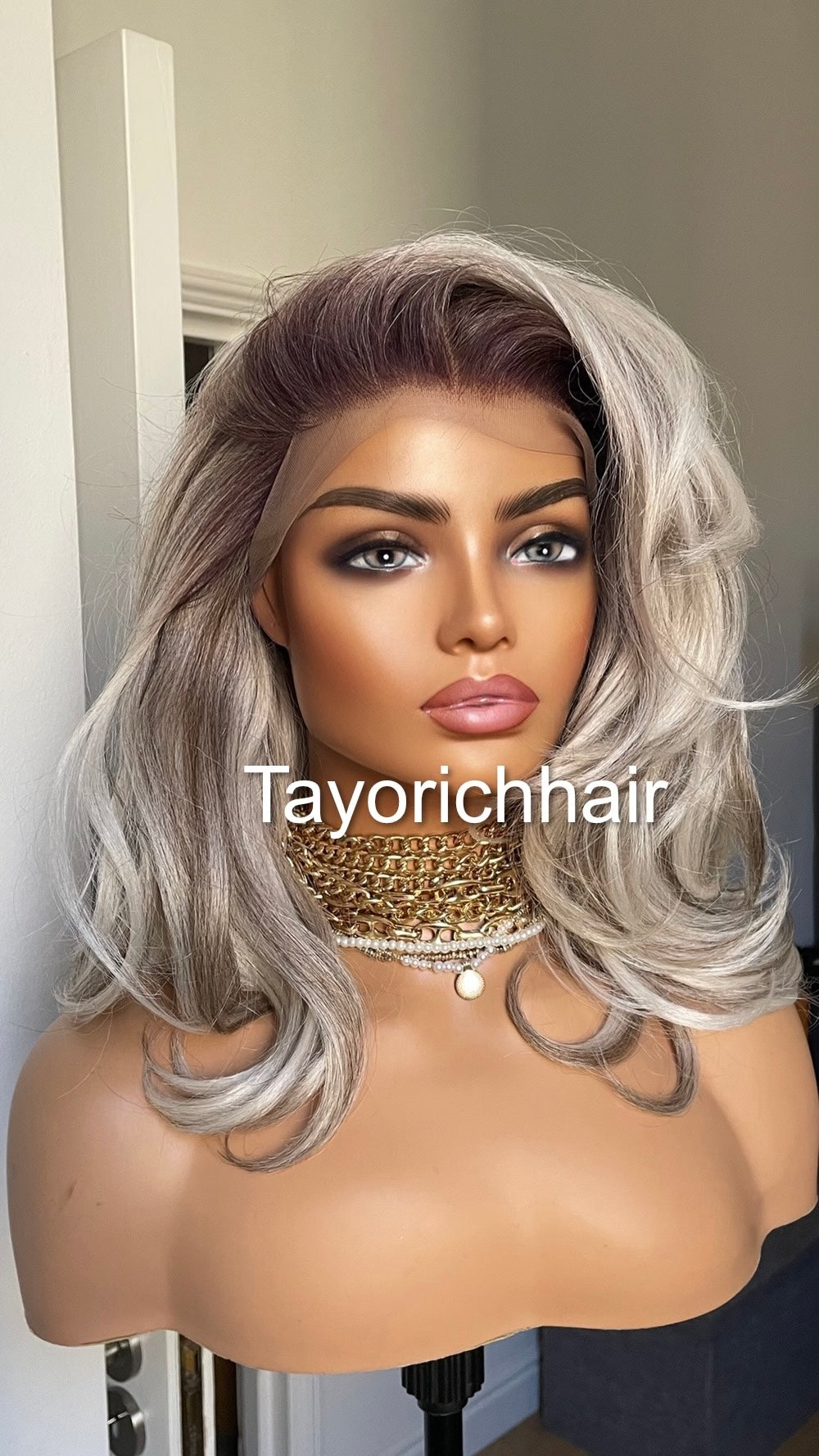 Bouncy Short Wig/ Salt And Pepper Wavy Hair Lace Frontal Wig/ Short Bouncy Grey Hair Wig With Dark Roots/ Wigs For Women Wavy Grey Hair Wig