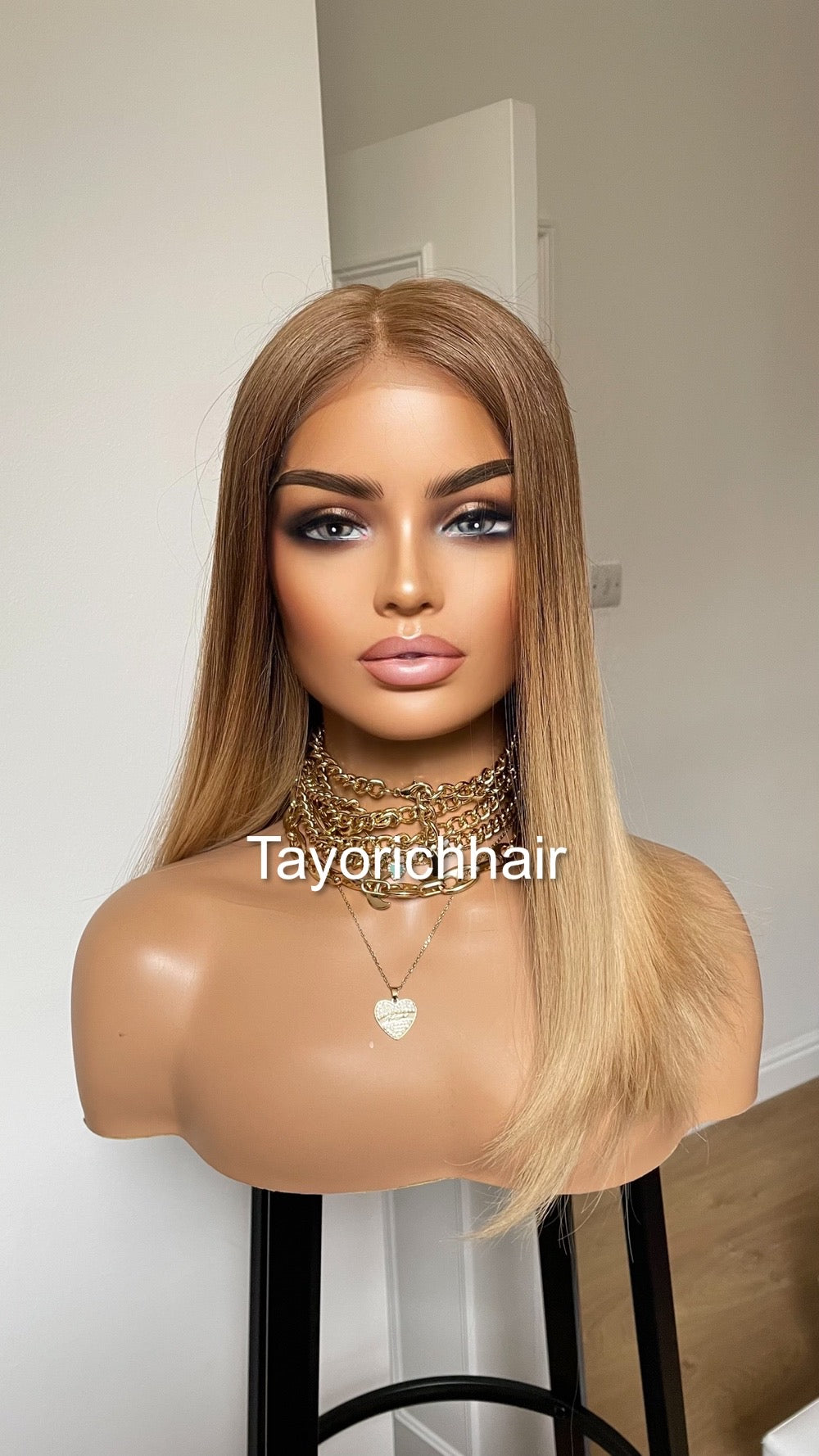 Ombre Warm Blonde Lace Top Human Hair Wig•Europe Hair Wig•16 InchesLuxury Real Hair Wig•Cuticles Aligned Hair With Tiny Knots Straight Hair