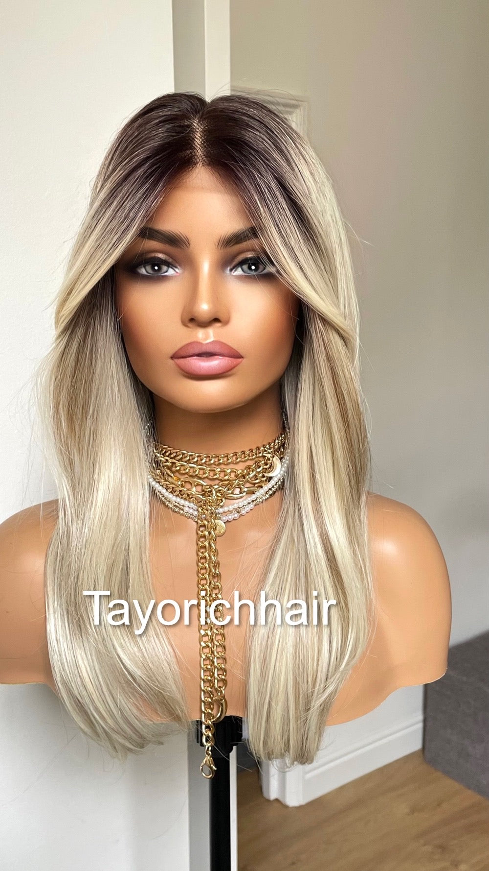 Mixed Blonde Short Wig With Dark Roots/13 By 6 Lace Frontal Wig/Heat Friendly Synthetic Straight Hair Wig In 16 Inches/Tayorichhair Wigs