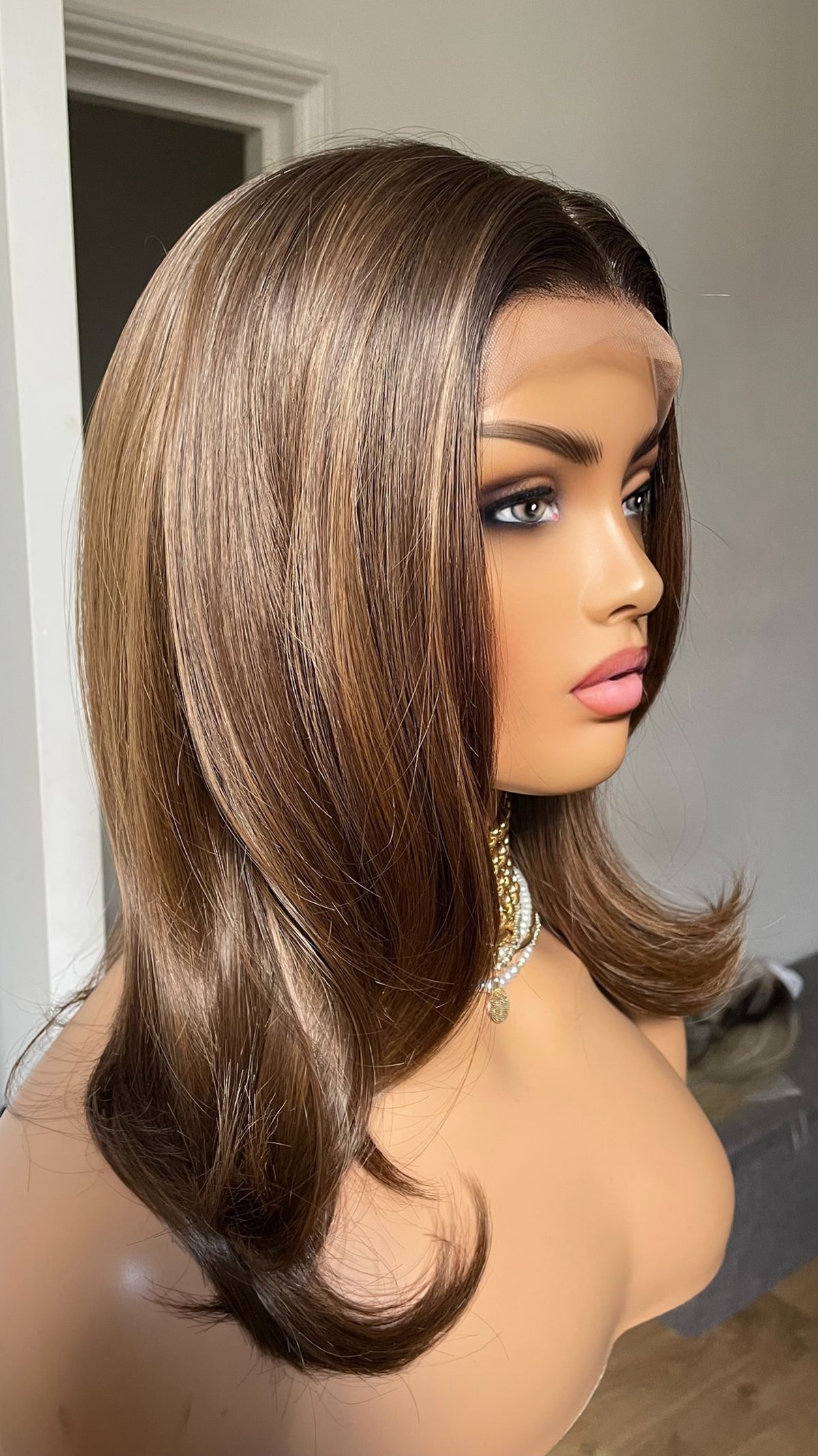 Brown 14-Inch Bob Wig With Highlights; Black Roots, 13by6 Lace Synthetic Wig