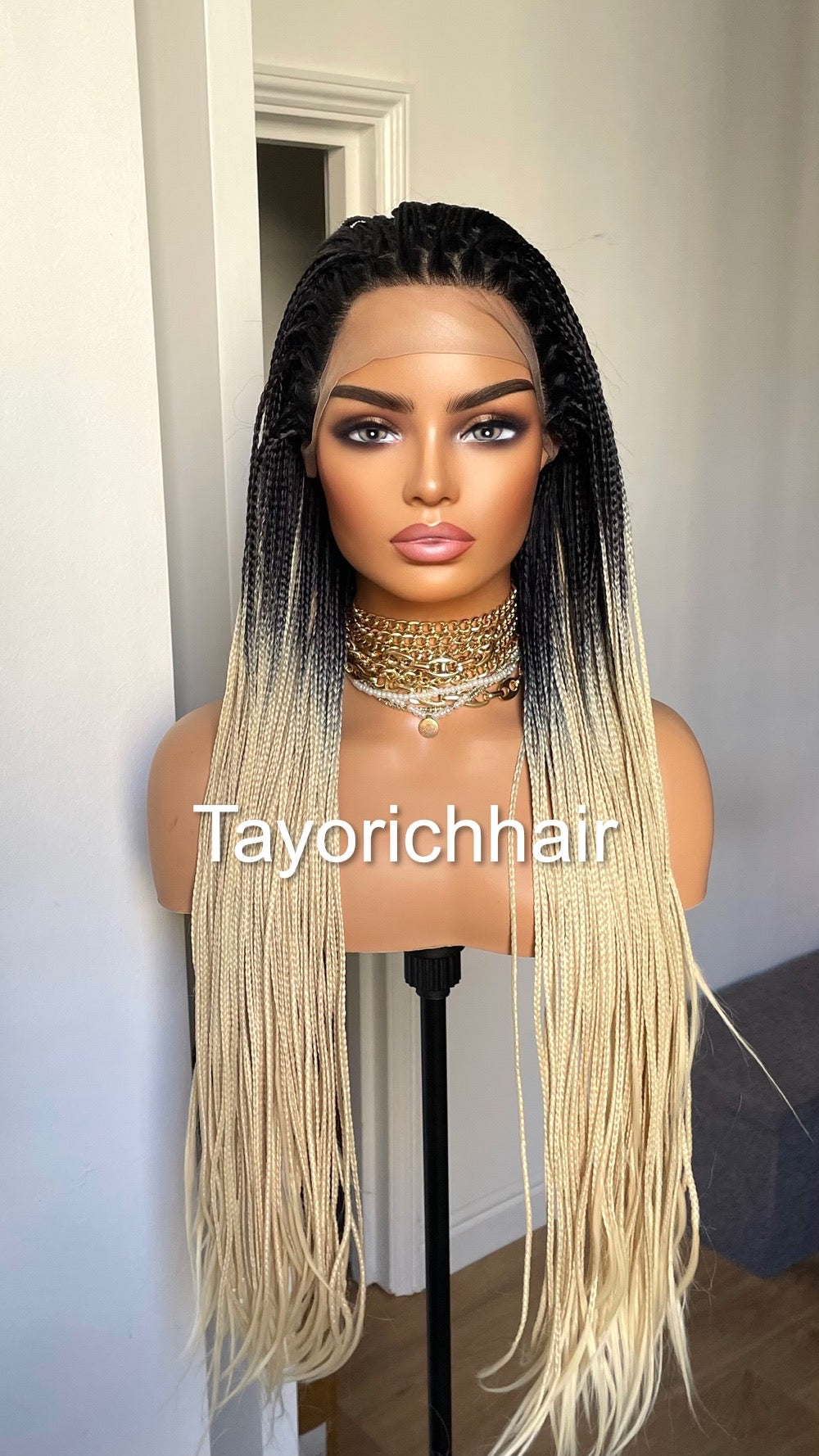 Ombré Braided Lace Wig Blonde And Black Braids/ Extra Long Synthetic Braids 28 Inches/READY FOR SHIPPING