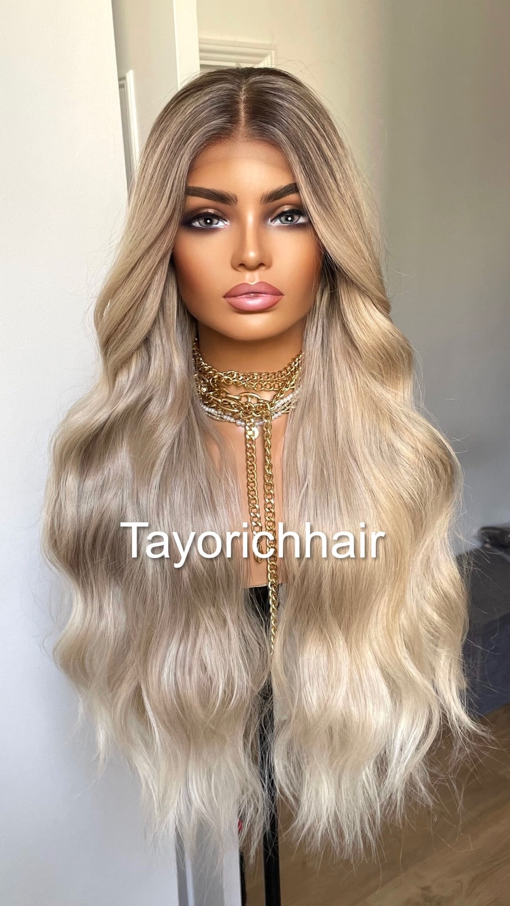 Rooted Pearl Blonde Heat Friendly Synthetic Lace Frontal Wig With 13 By 6 Wide Lace/ Loose Wavy Blonde Hair Wig Fror Women/Tayorichhair Wigs