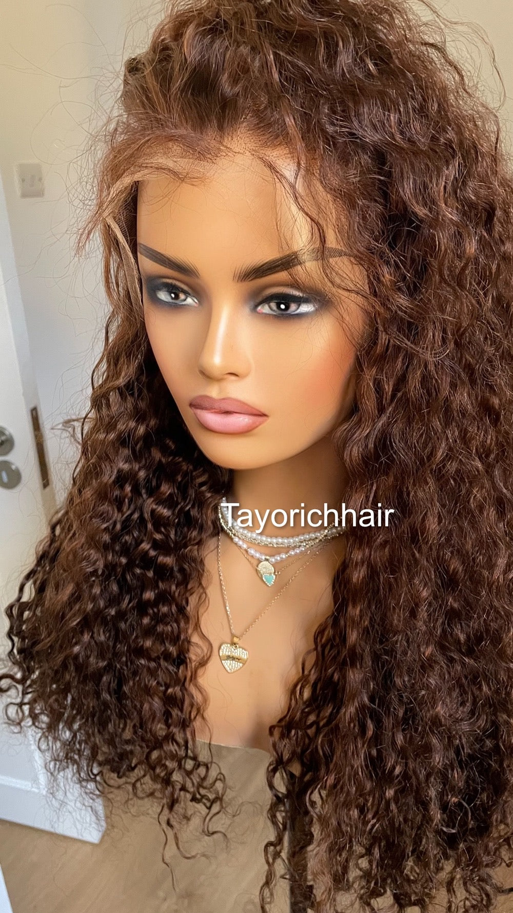 Brunette Brown Human Hair Wig/ Brown Curly Real Hair Wig For Women/ 100 % Human Hair.