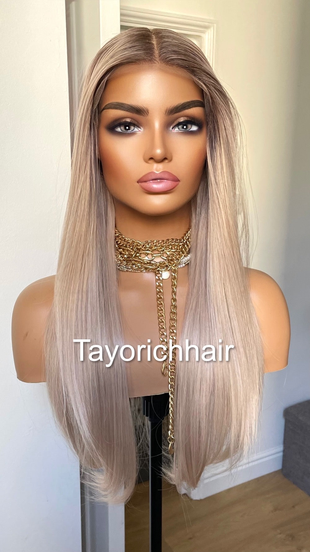 Pearl Blonde Straight Hair Lace Frontal Wig With Dark Roots/ 13 By 6 Lace Wig For Women/ 20 Inches Straight Wig By Tayorichhair