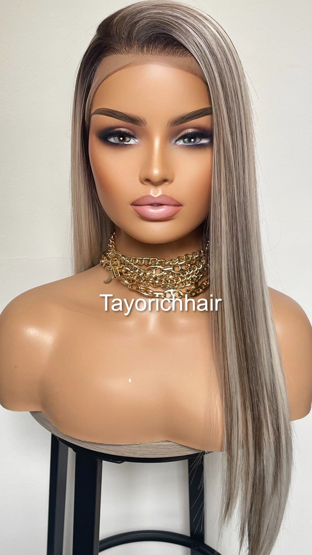 Balayage Ombré Lace Front Wig/ 13x3 Lace Front/ Ash White With Dark Brown Mixed/ Long Straigh Heat Safe Synthetic Wig/ Medium Large Cap Size