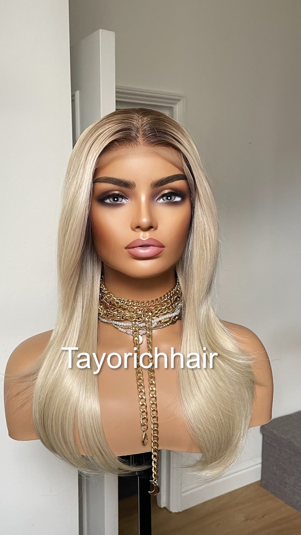 Sunkissed Light Blonde Lace Frontal Wig With Dark Roots/18 Inches Rooted Blonde Wig By Tayorichhair/Straight Blonde Wig With 13 By 4 Lace