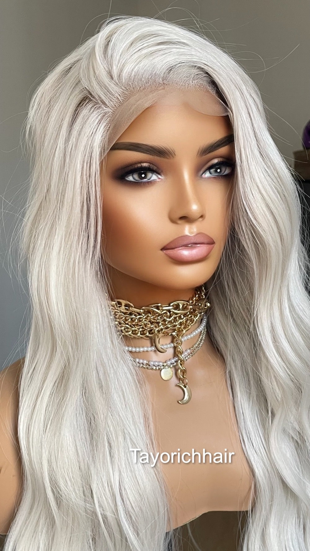 Platinum Blonde Lace Frontal Wig With 13 By 6 Lace/Ash White Heat Safe Synthetic Wigs For Women/Long Wavy Hair Blonde Wig By Tayorichhair