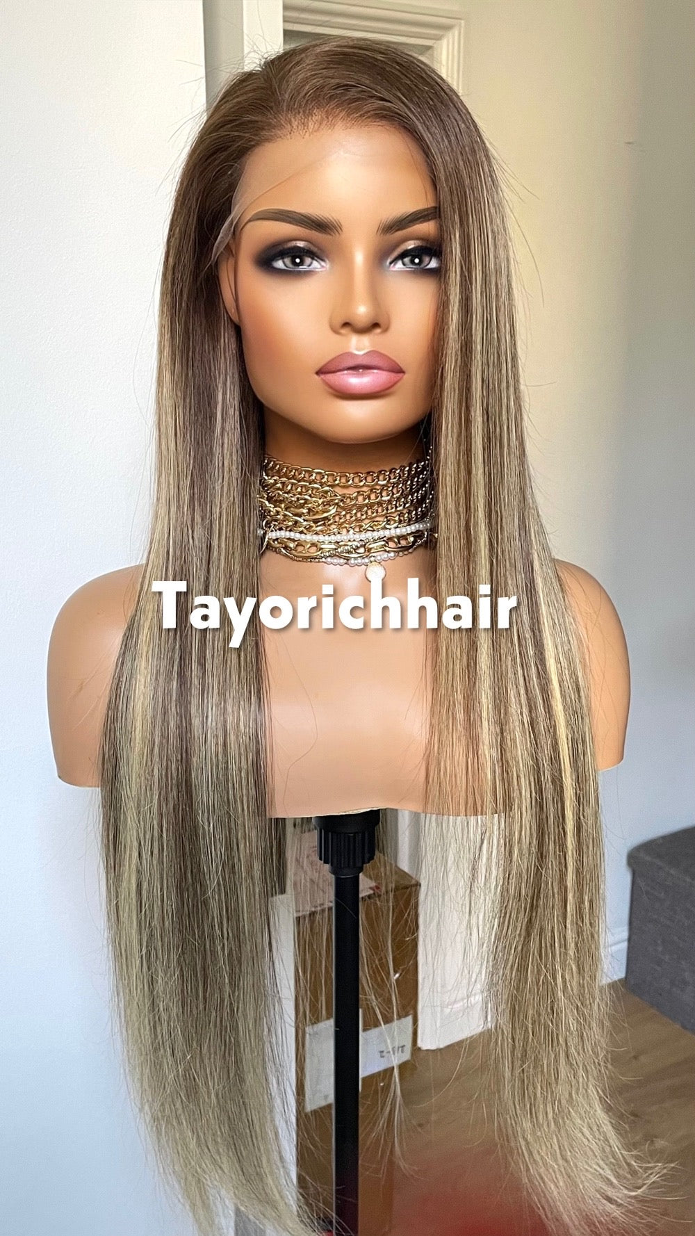 Ombre Balayage Brazilian Human Hair Wig•13x4 HD Lace Wig•Dark Brown Roots 26 Inches Long Straight Hair Wig•Ready To Ship Wig For Hairloss