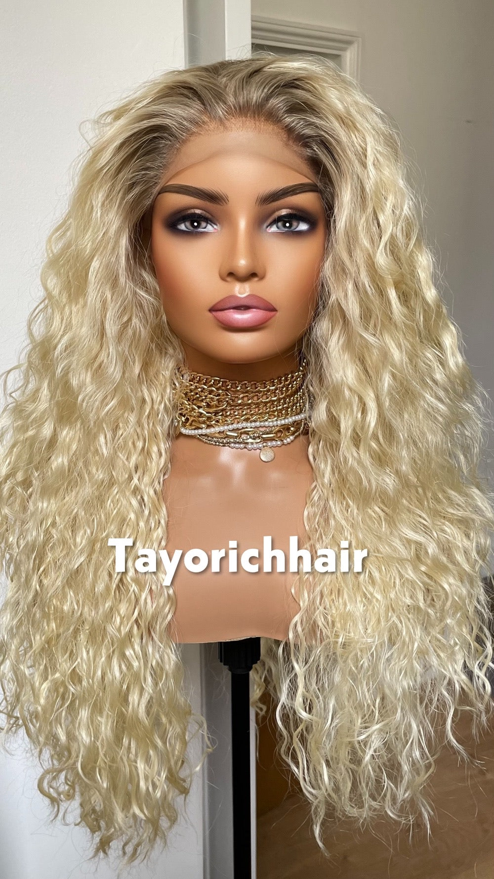 Bleach Blonde Exotic Curly Wig With Dark Roots- Shakira Curly Hair Lace Frontal Wig- Heat Friendly Curly Light Weight Wig By Tayorichhair