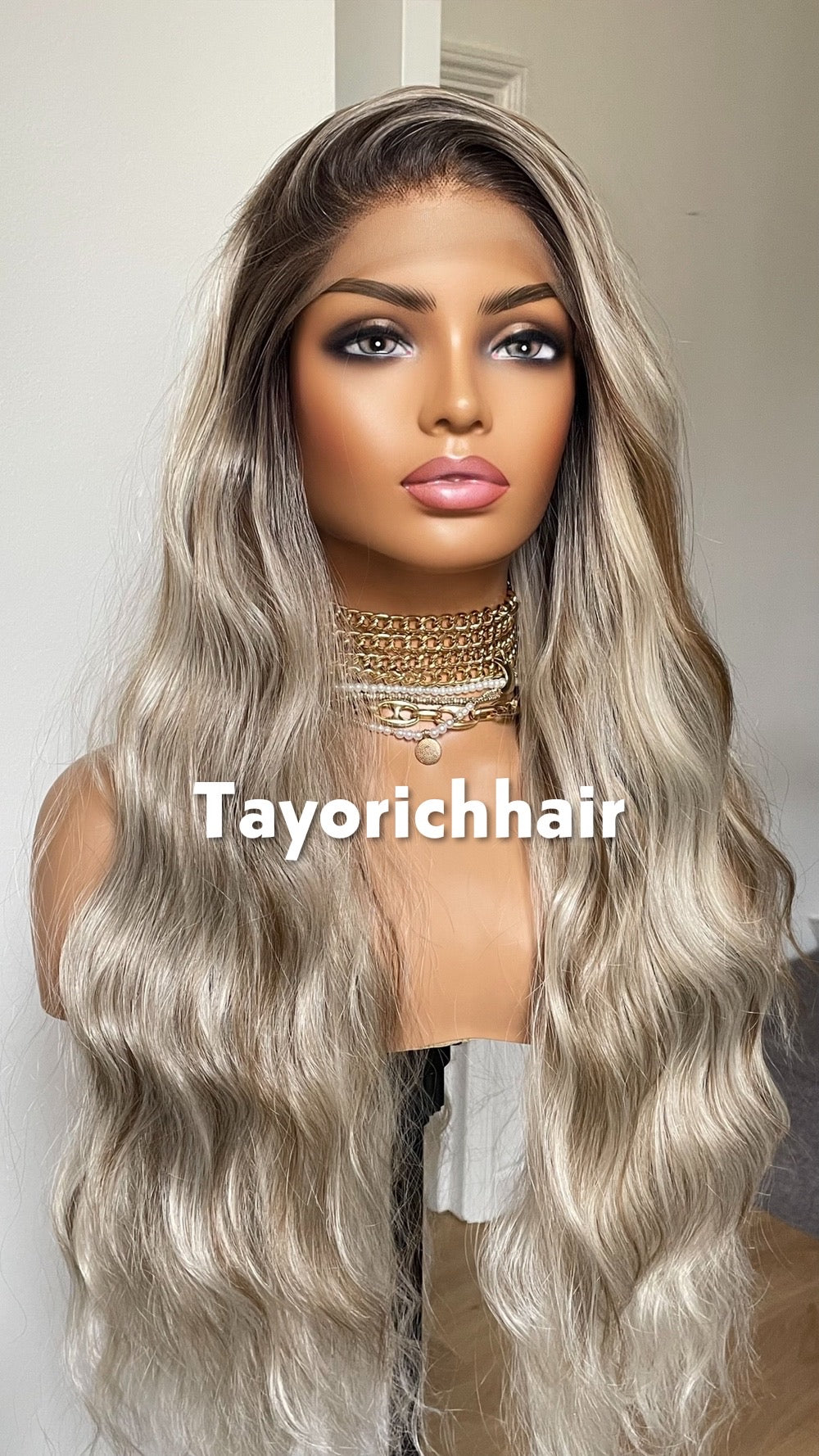 Ombre Platinum Blonde Wig: Long Wavy Synthetic Lace Front Wig