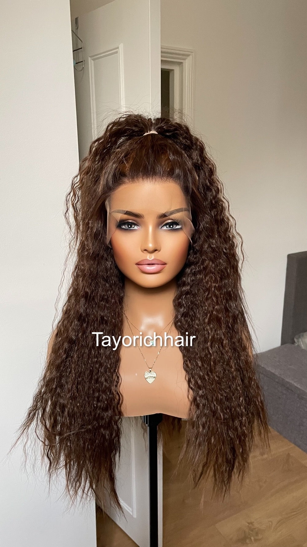 Dark Brown Curly Hair Wig With Highlights/ Loose Exotic Curls Big Hair Synthetic Wig/ Brunette Wigs For Women/ Free Part Lace Wig