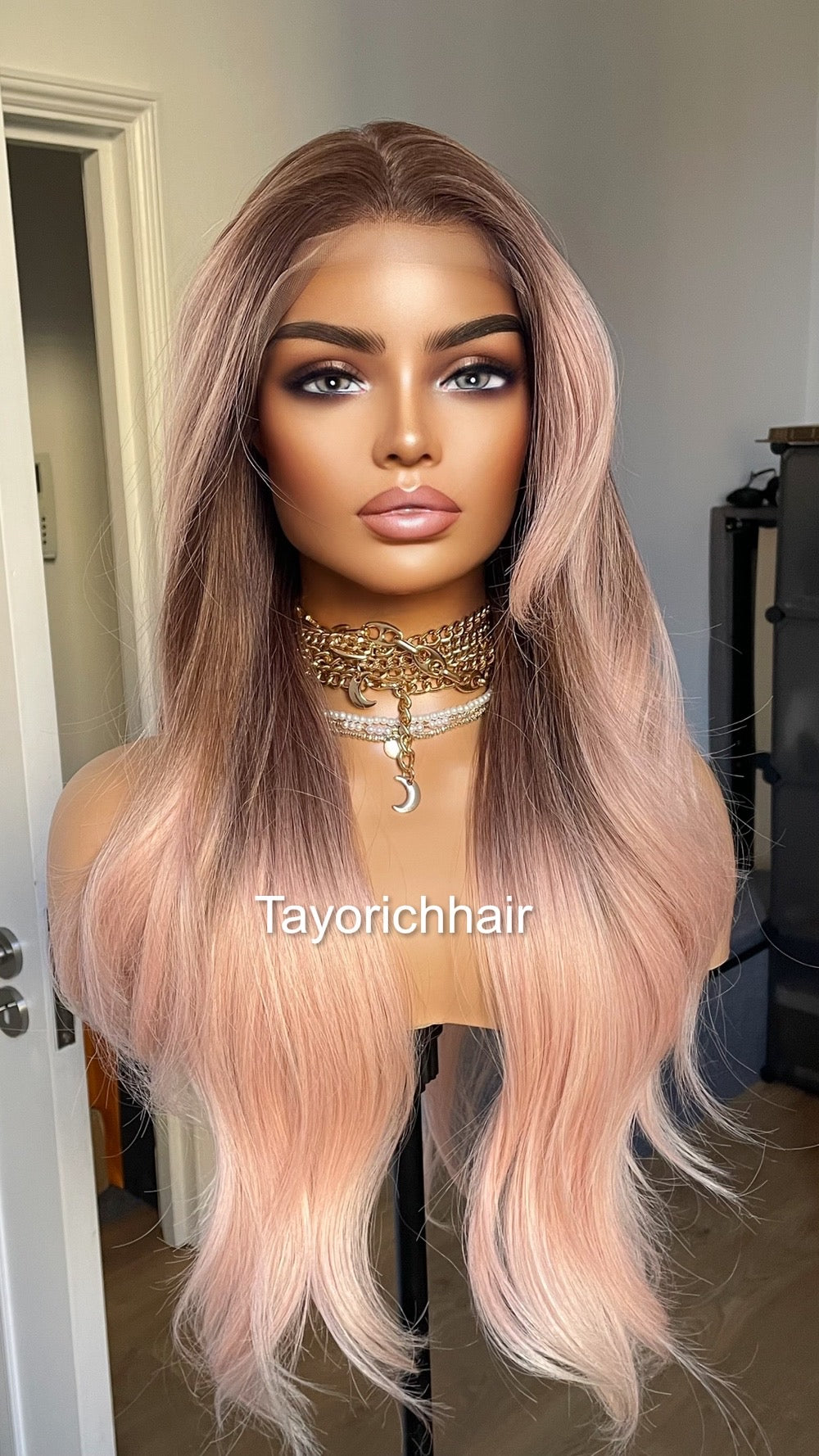 Ombre Baby Pink Lace Frontal Wig With Dark Brown Roots/ 13 by 6 Wide Lace Frontal/Pink Synthetic Wig/ Pink Wavy Hair wig By Tayorichhair