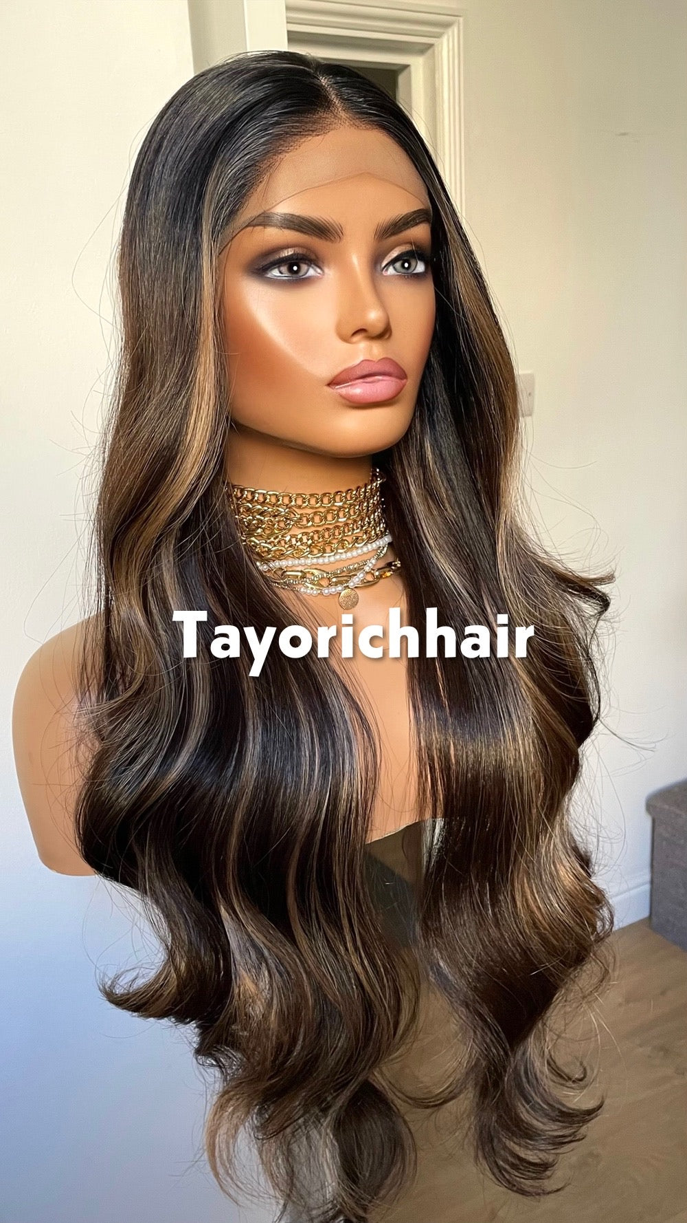 Money Piece Highlights: Dark Brown Wig With Dark Roots, 13by3 Lace Frontal
