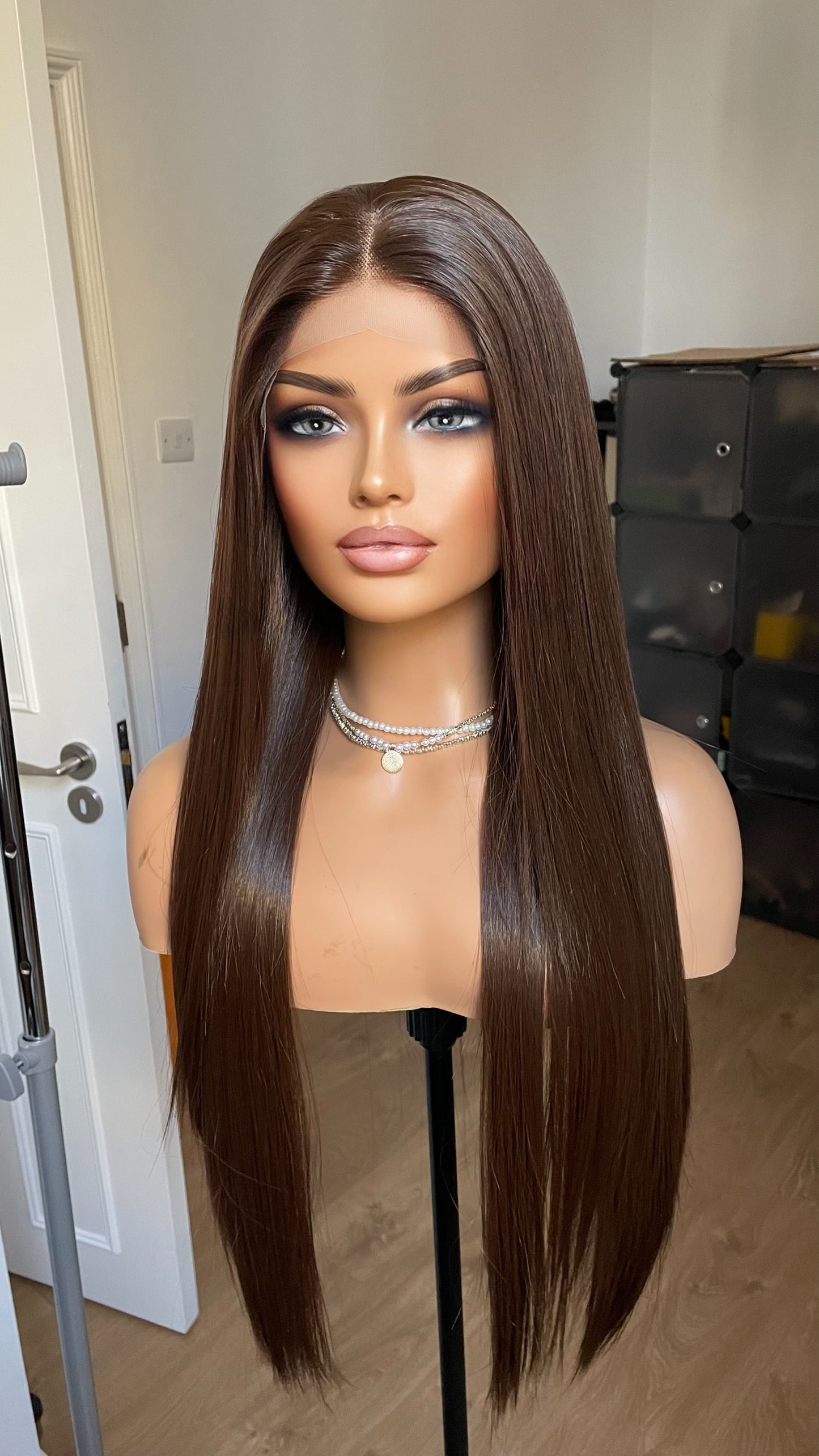 Dark Brunette Brown Lace Front Straight Wig For Women Natural Looking 13x3 Lace Front Wig With Realistic Hair Line Heat Friendly Synthetic