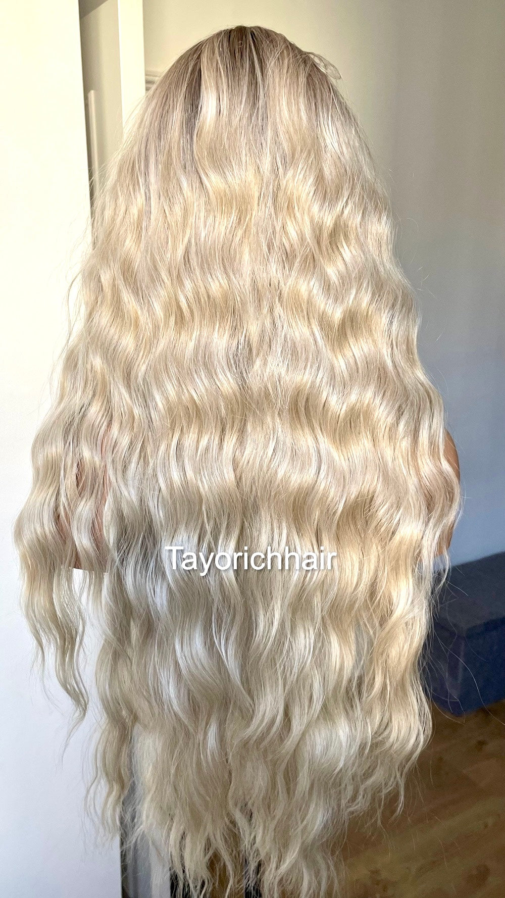 Sun Kissed Platinum Blonde Lace Wig With Dark Roots/13 By 6 Wide Lace Heat Safe Synthetic Wig/Beach Waves Blonde Hair Wig By Tayorichhair