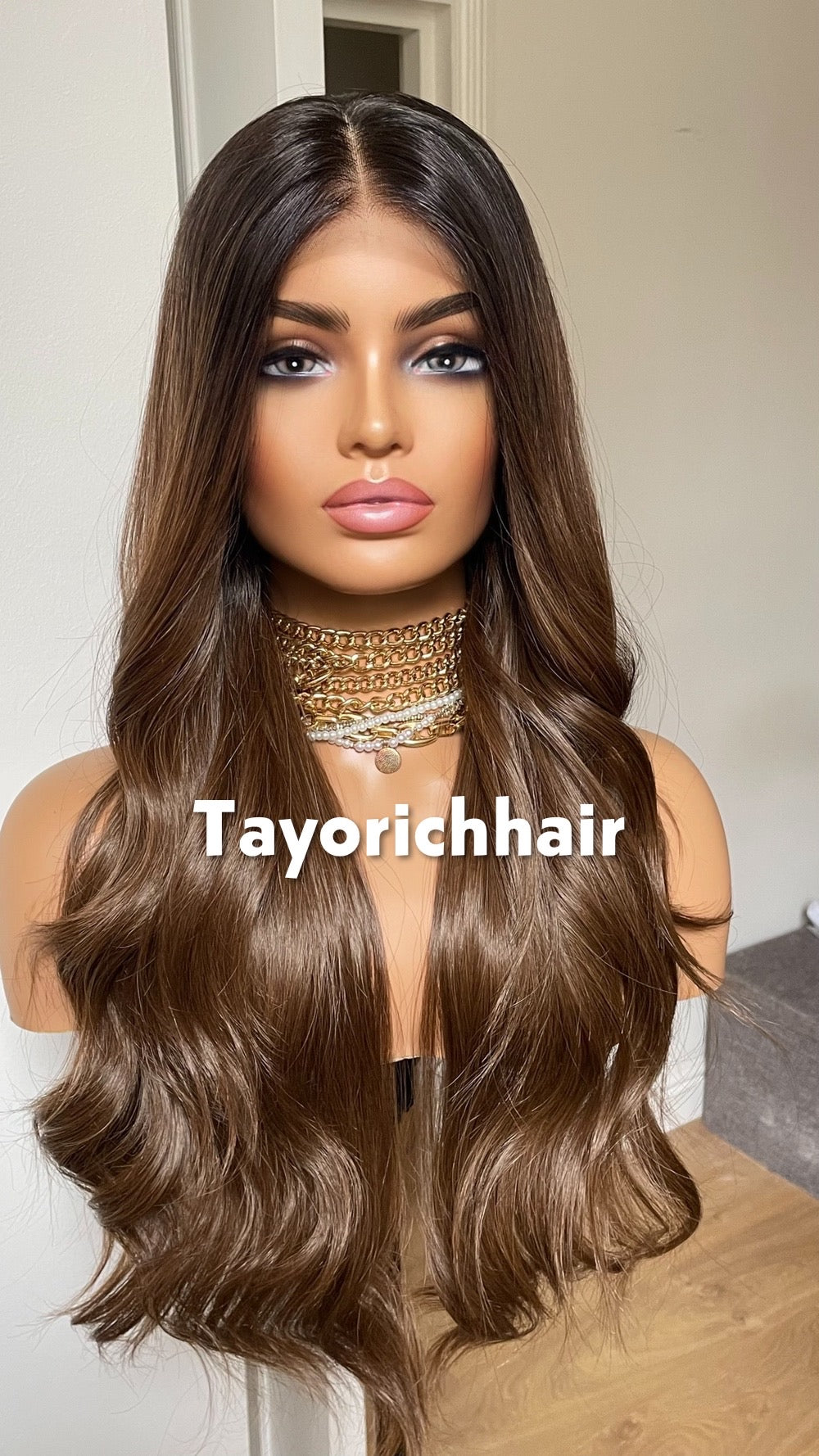 Ash Brown Synthetic Wig; Black Roots.