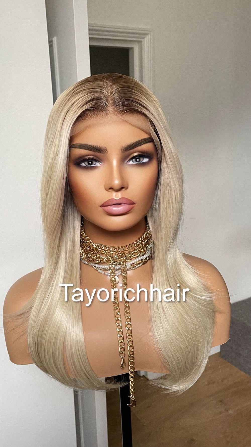 Sunkissed Light Blonde Lace Frontal Wig With Dark Roots/18 Inches Rooted Blonde Wig By Tayorichhair/Straight Blonde Wig With 13 By 4 Lace