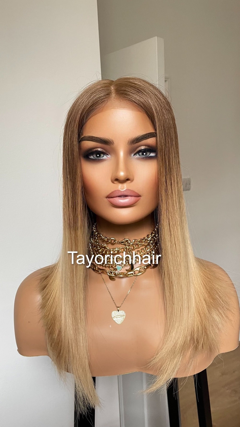 Ombre Warm Blonde Lace Top Human Hair Wig•Europe Hair Wig•16 InchesLuxury Real Hair Wig•Cuticles Aligned Hair With Tiny Knots Straight Hair
