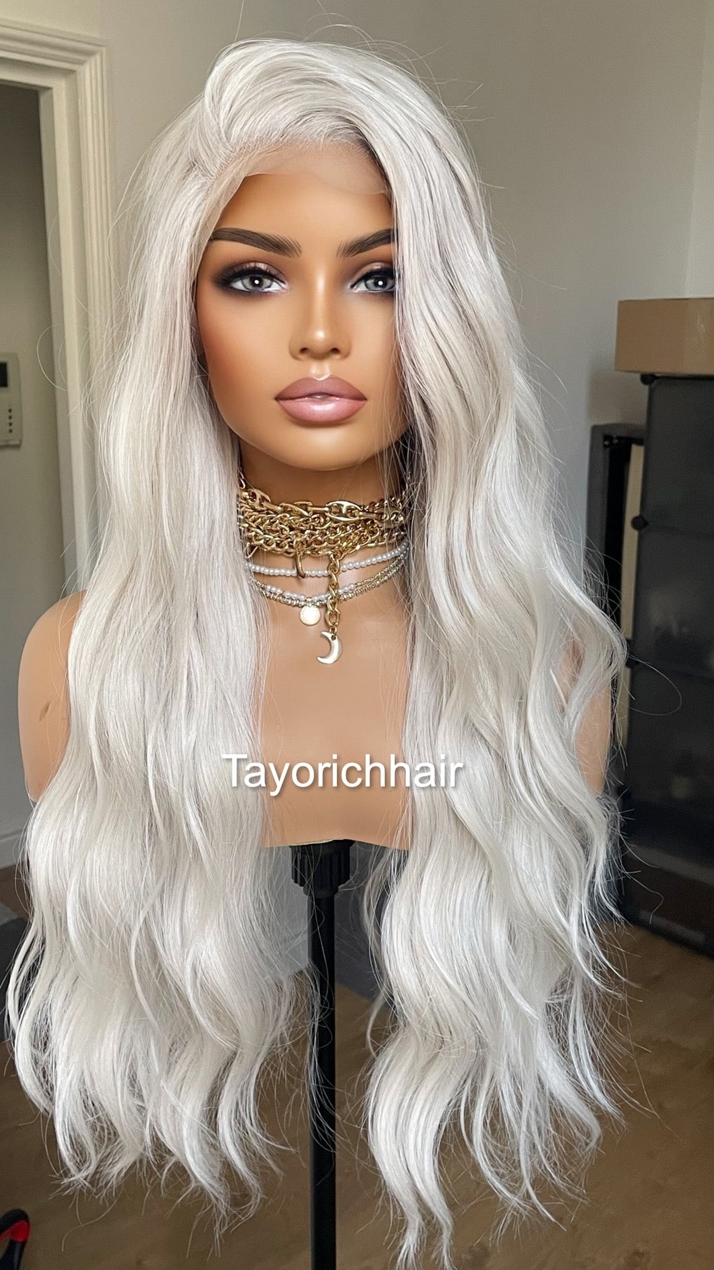 Platinum Blonde Lace Frontal Wig With 13 By 6 Lace/Ash White Heat Safe Synthetic Wigs For Women/Long Wavy Hair Blonde Wig By Tayorichhair