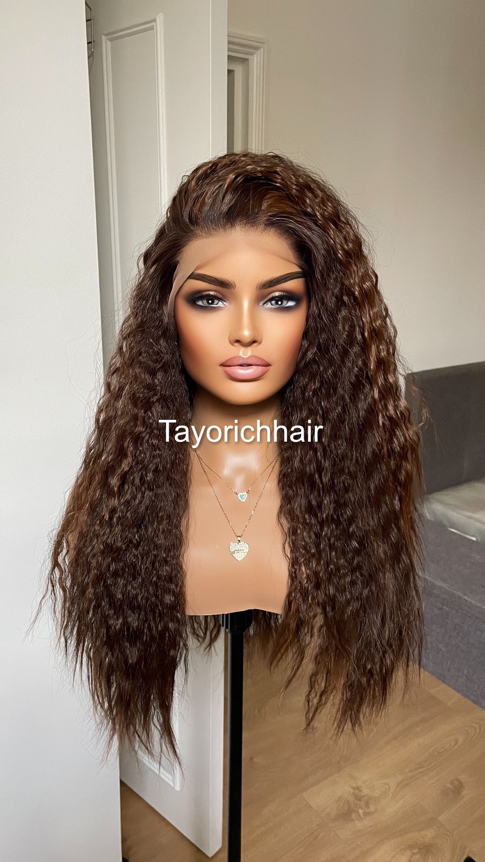 Dark Brown Curly Hair Wig With Highlights/ Loose Exotic Curls Big Hair Synthetic Wig/ Brunette Wigs For Women/ Free Part Lace Wig