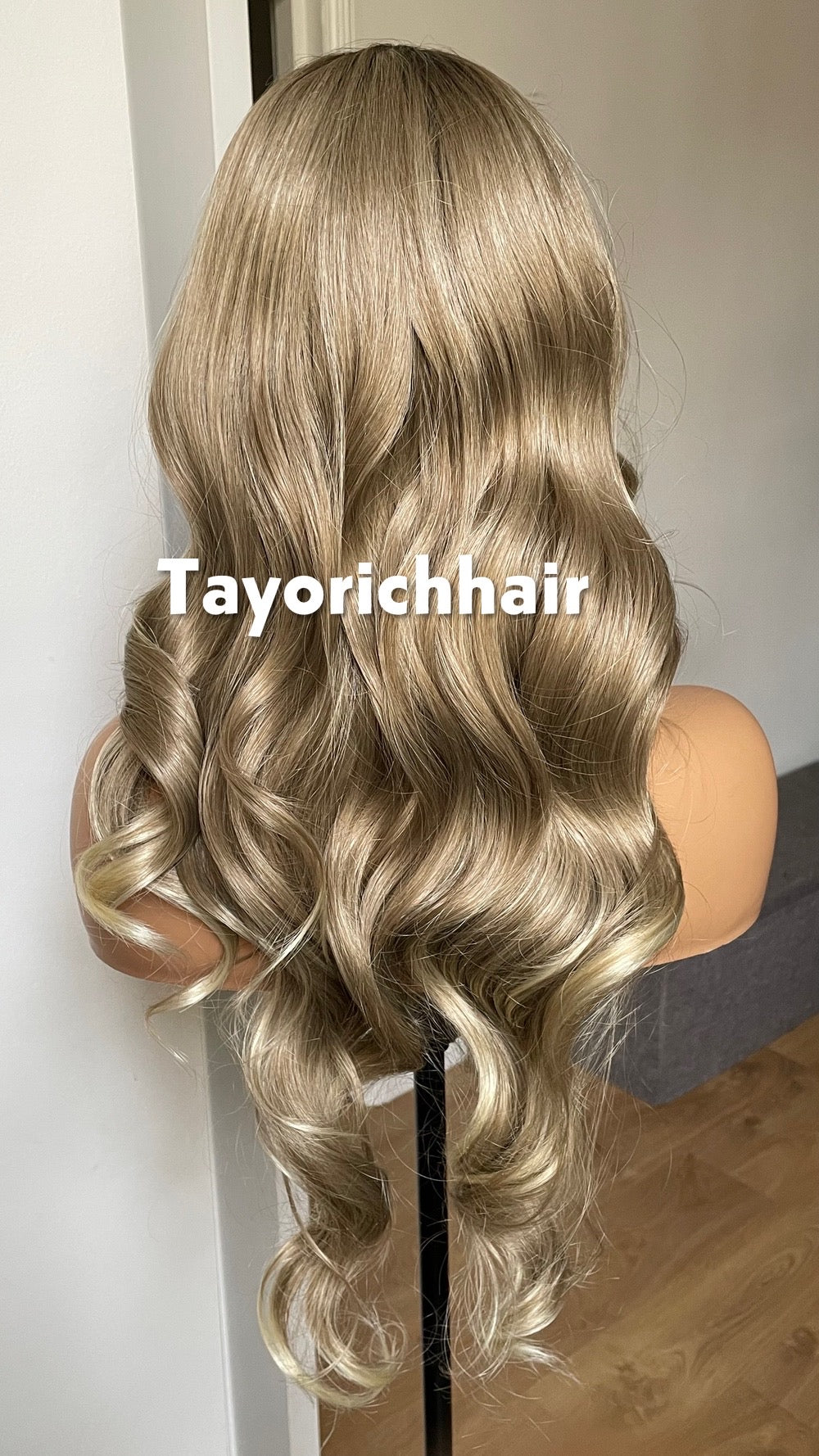 Dark Ash Blonde Synthetic Wig With Dark Roots/24 Inches Wavy Hair Lace Frontal Wig By Tayorichhair.