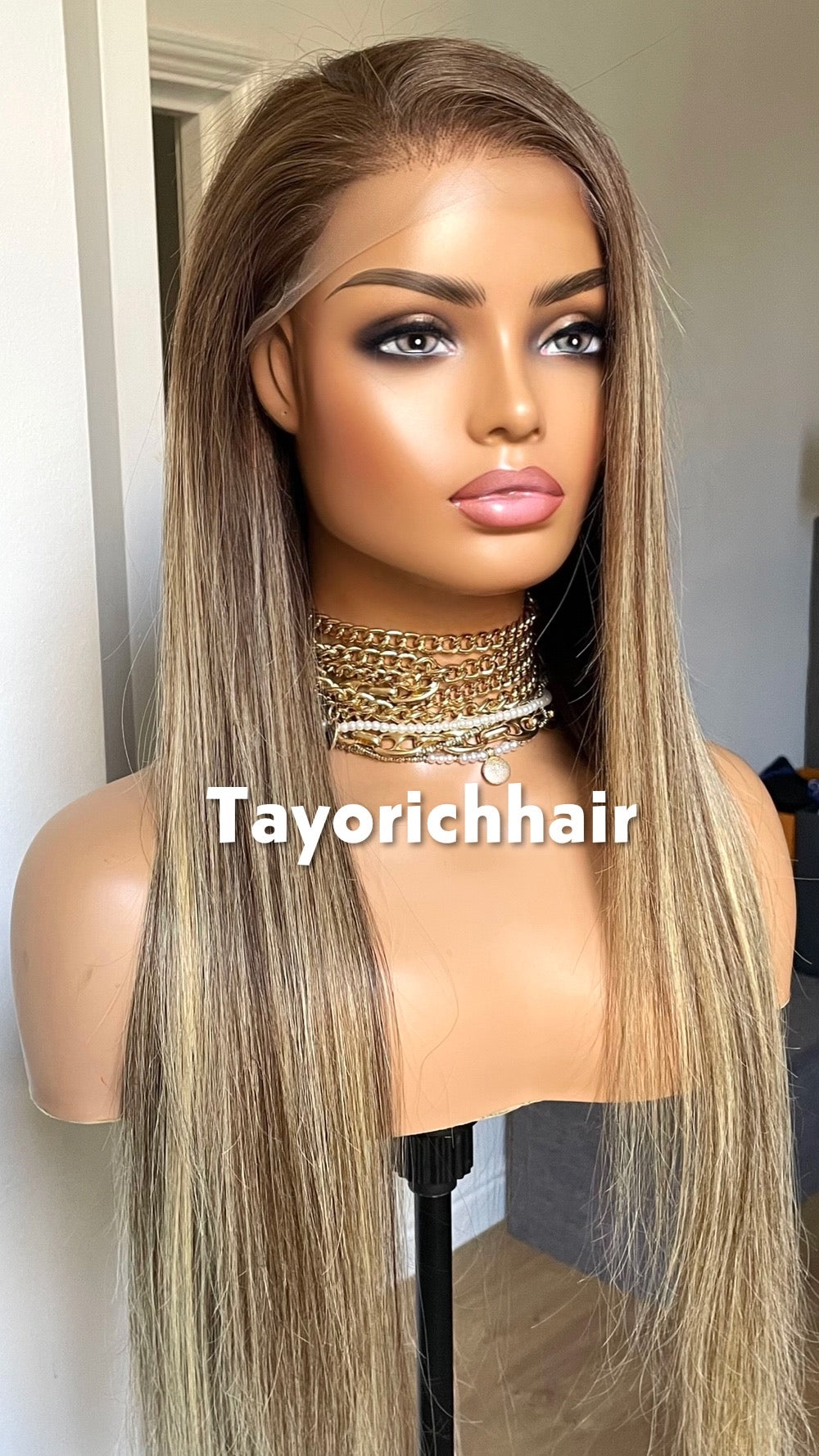 Ombre Balayage Brazilian Human Hair Wig•13x4 HD Lace Wig•Dark Brown Roots 26 Inches Long Straight Hair Wig•Ready To Ship Wig For Hairloss