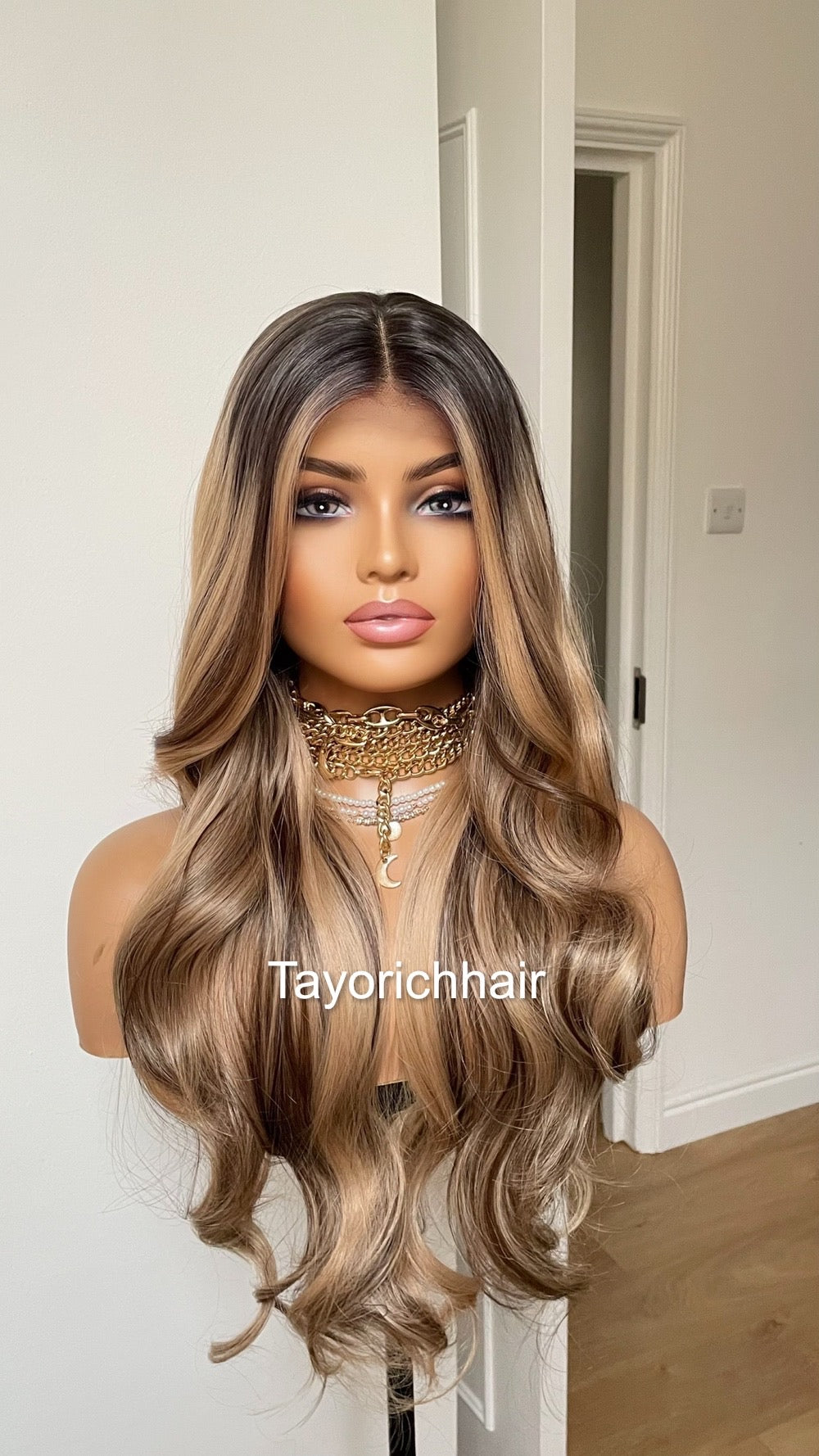 Blonde And Brown Mix Lace Frontal Wig With Dark Roots/ 24 Inches Wavy Hair Wig/ Heat Friendly Synthetic Wigs For Women Hairloss Alopecia