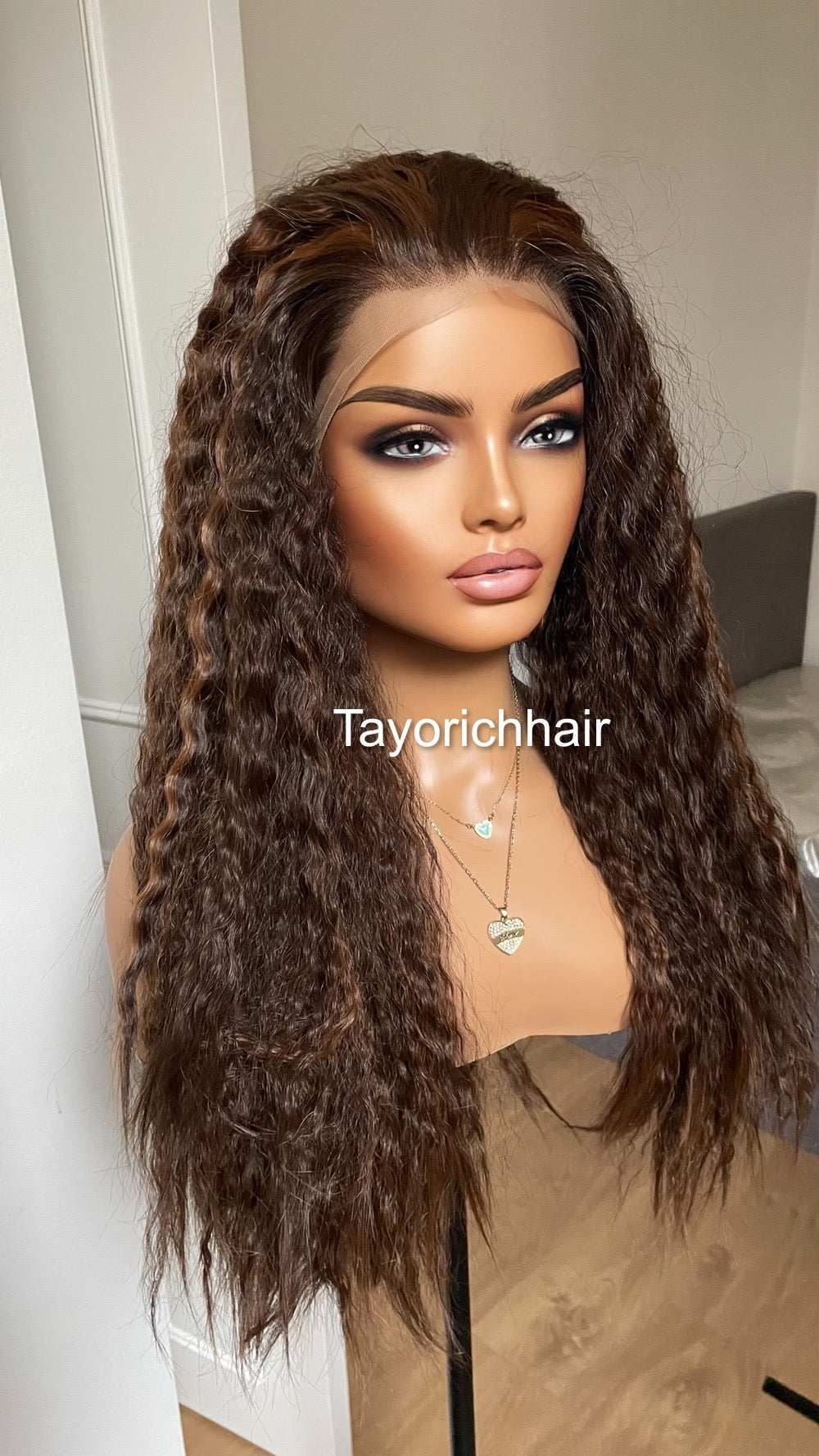 Dark Brown Curly Hair Wig With Highlights/ Loose Exotic Curls Big Hair Synthetic Wig/ Brunette Wigs For Women/ Free Part Lace Wig