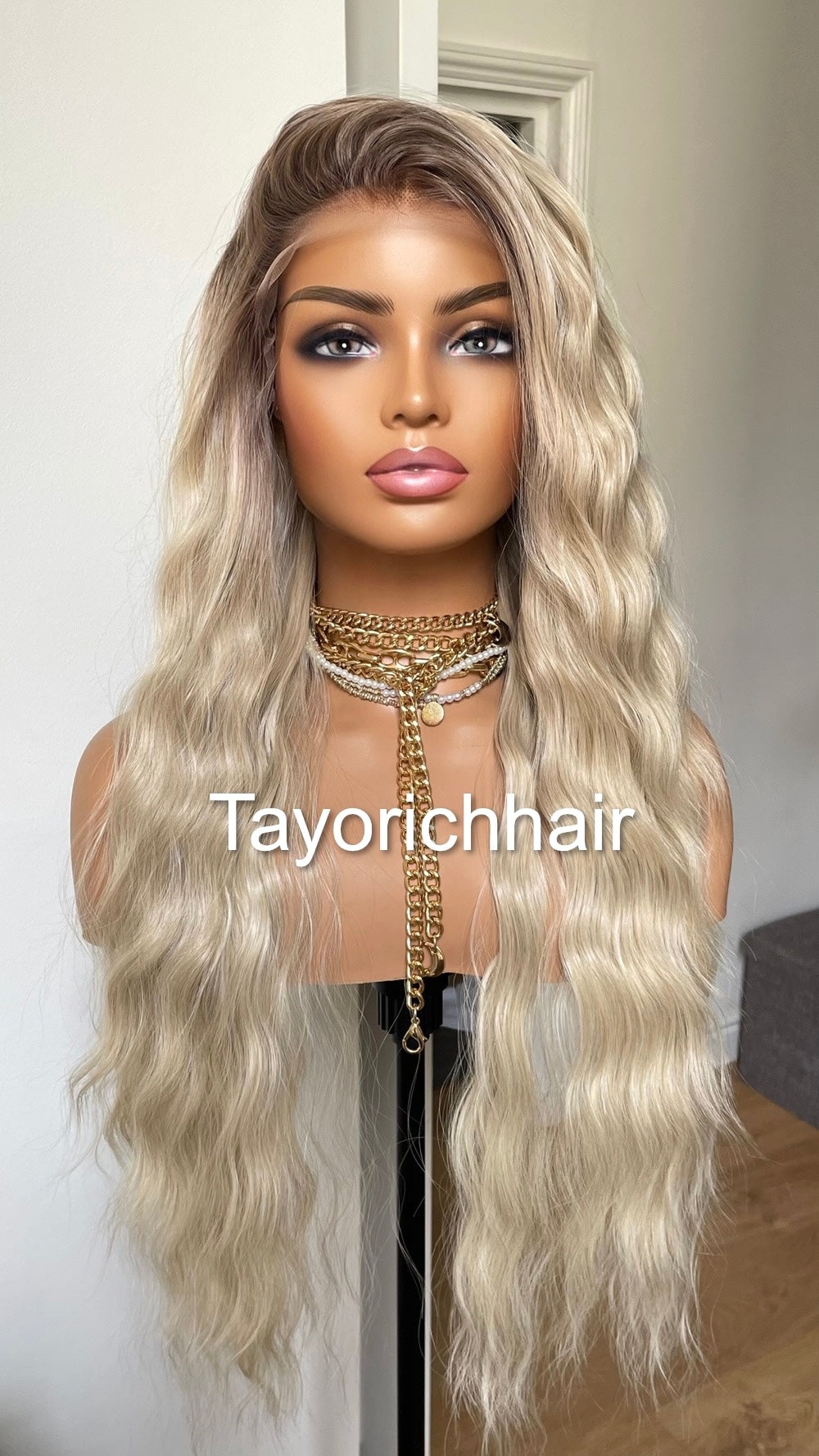 Sun Kissed Platinum Blonde Lace Wig With Dark Roots/13 By 6 Wide Lace Heat Safe Synthetic Wig/Beach Waves Blonde Hair Wig By Tayorichhair