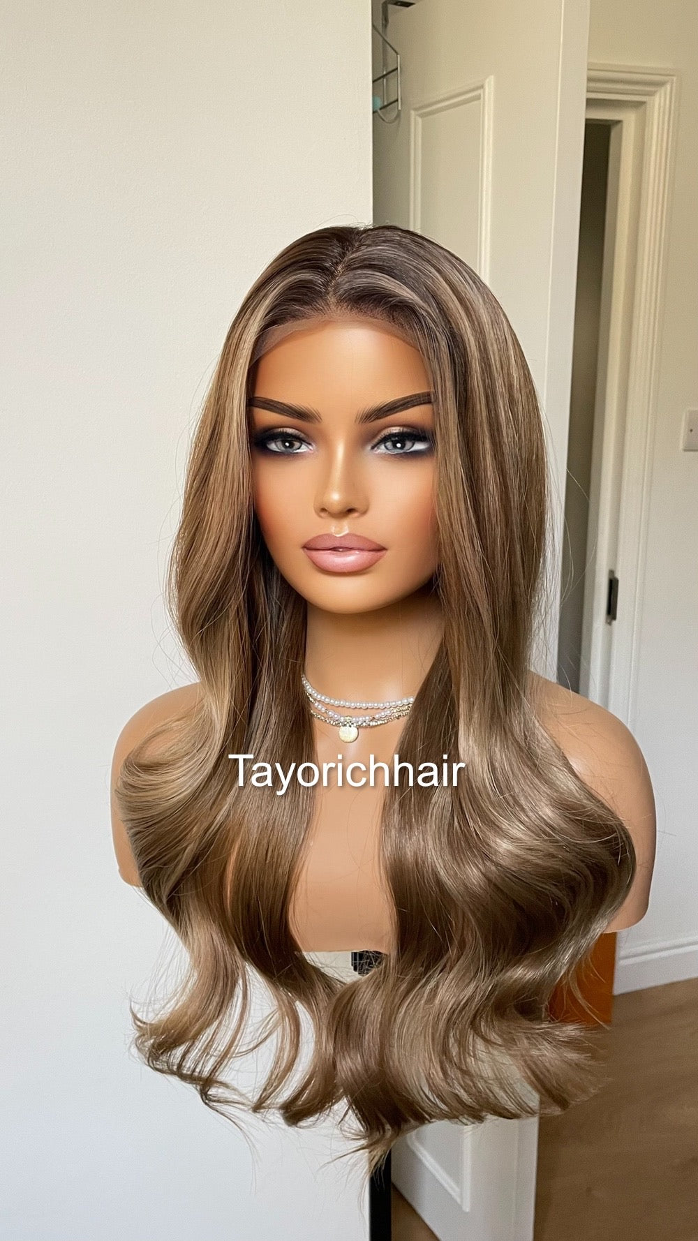 Mixed Ash Brown Lace Frontal Wig With Black Roots/ Mixed Brown Synthetic Wig For Womem Daily Wear Alopecia Hairloss Wigs/ Brown Wavy Hair